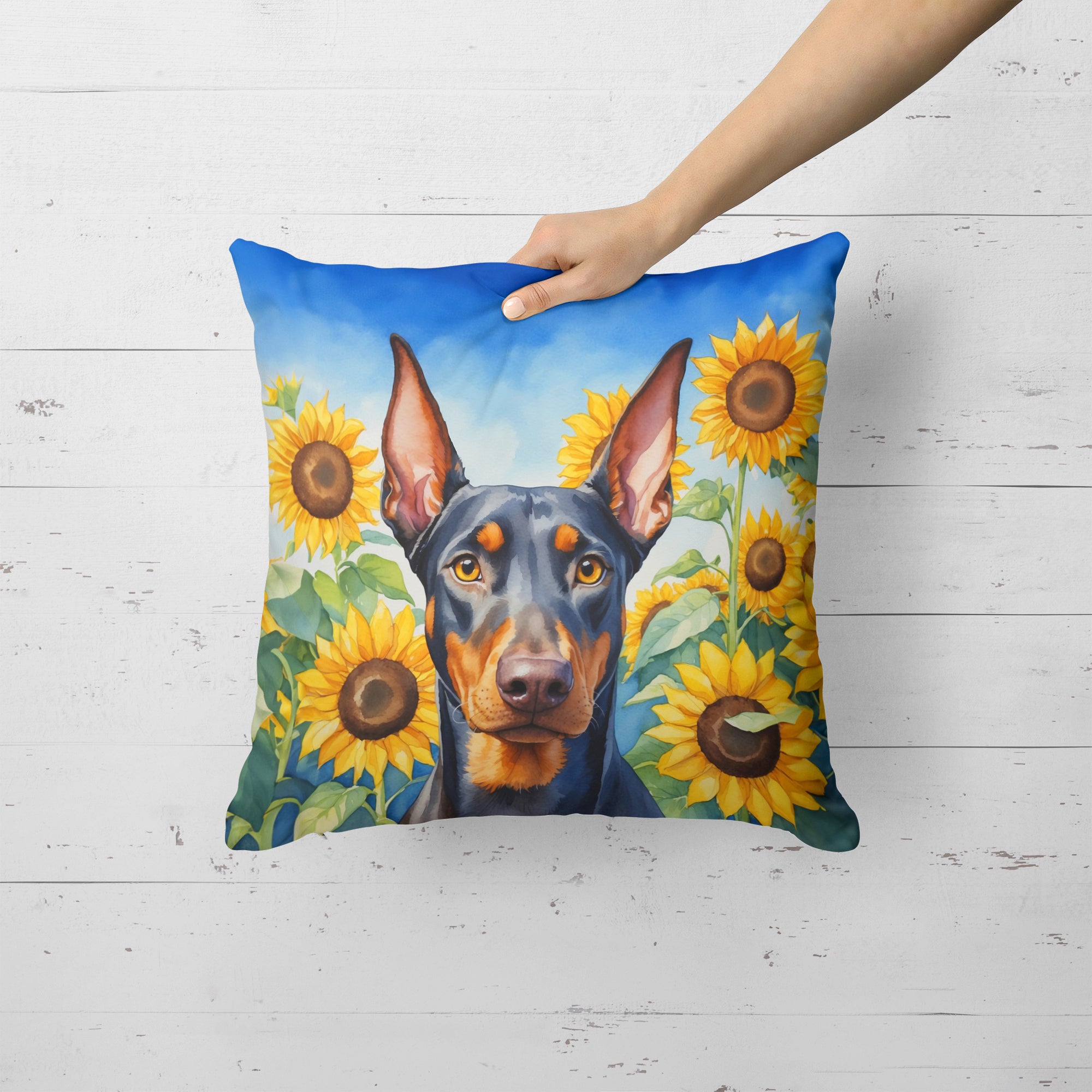 Doberman Pinscher in Sunflowers Throw Pillow
