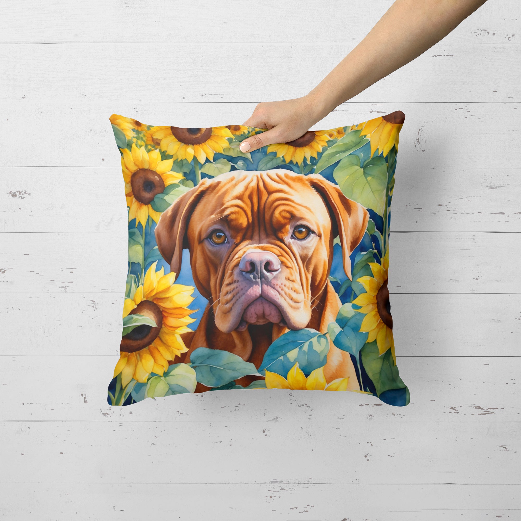 Dogue de Bordeaux in Sunflowers Throw Pillow