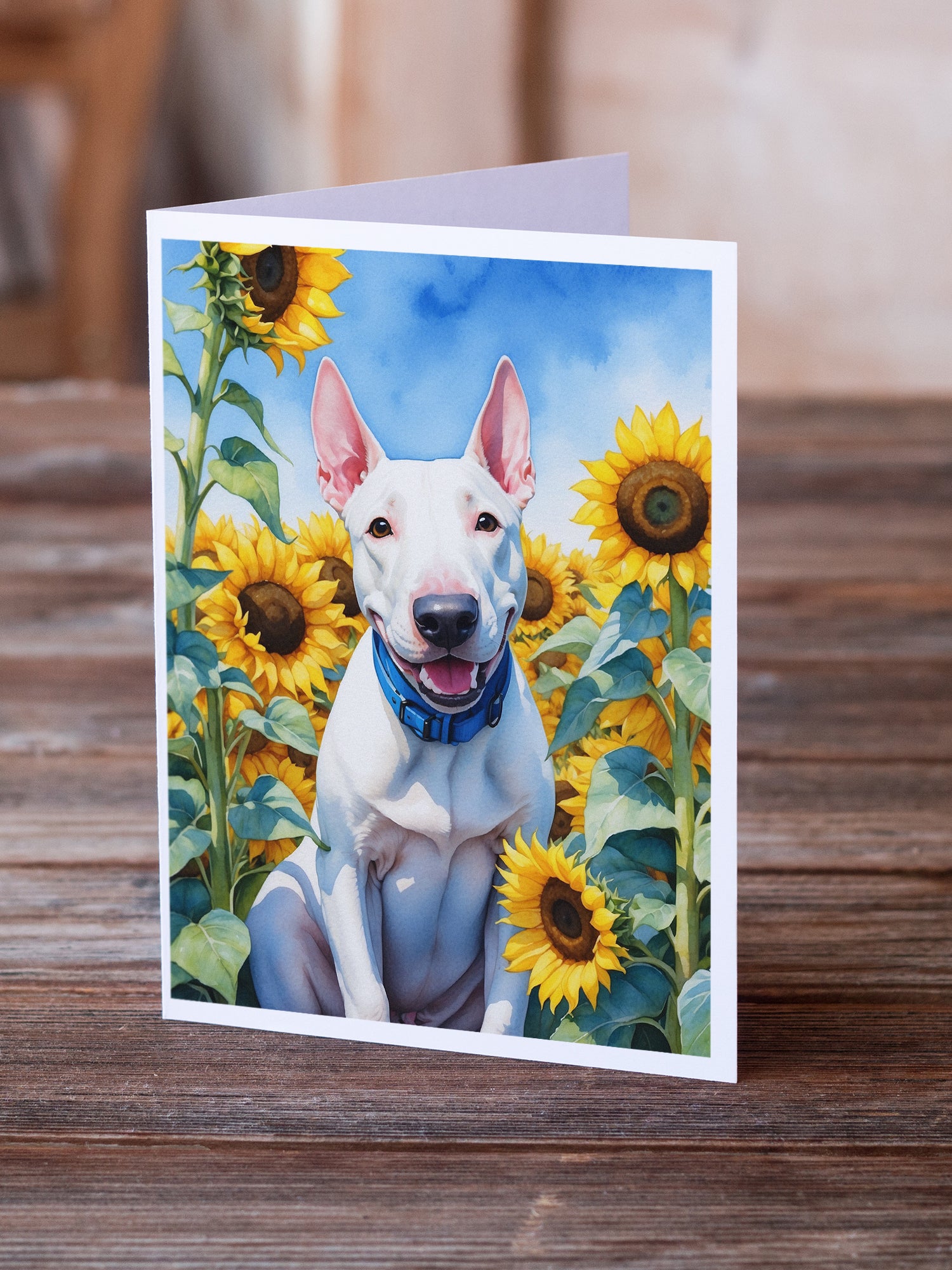 Buy this English Bull Terrier in Sunflowers Greeting Cards Pack of 8