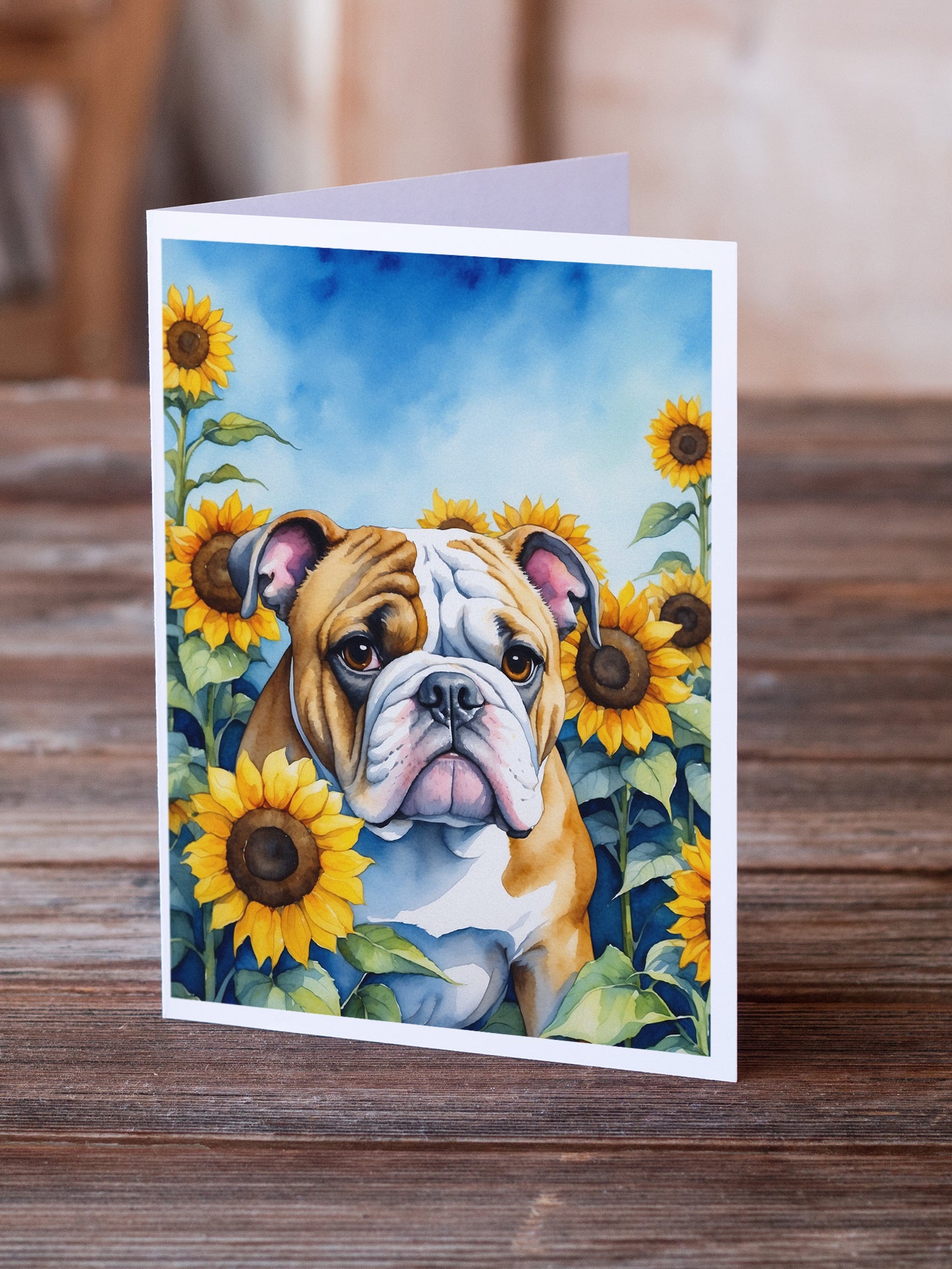 Buy this English Bulldog in Sunflowers Greeting Cards Pack of 8