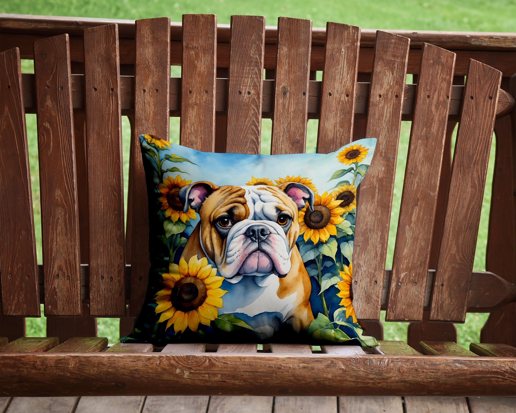 Buy this English Bulldog in Sunflowers Throw Pillow
