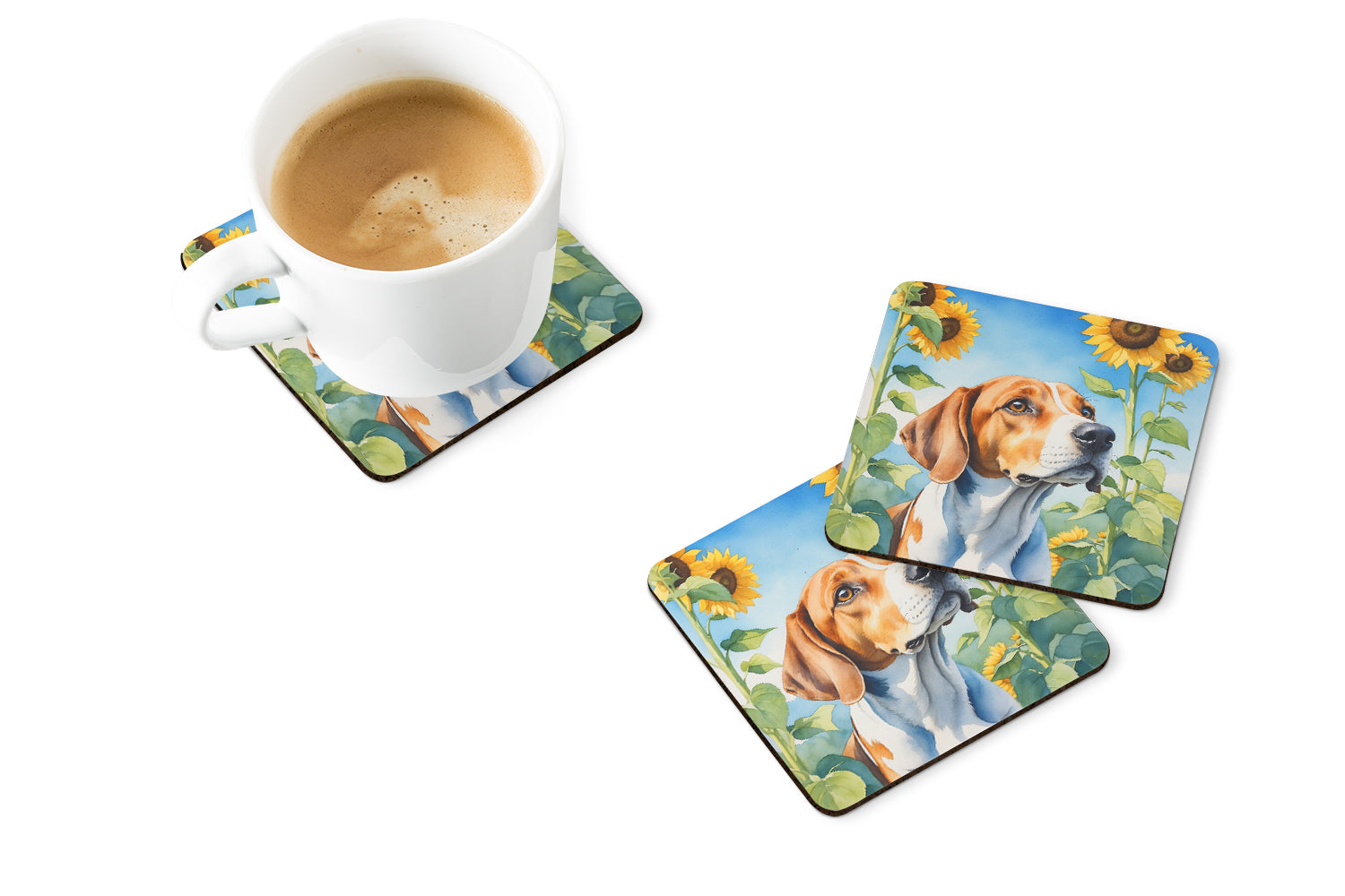 Buy this English Foxhound in Sunflowers Foam Coasters
