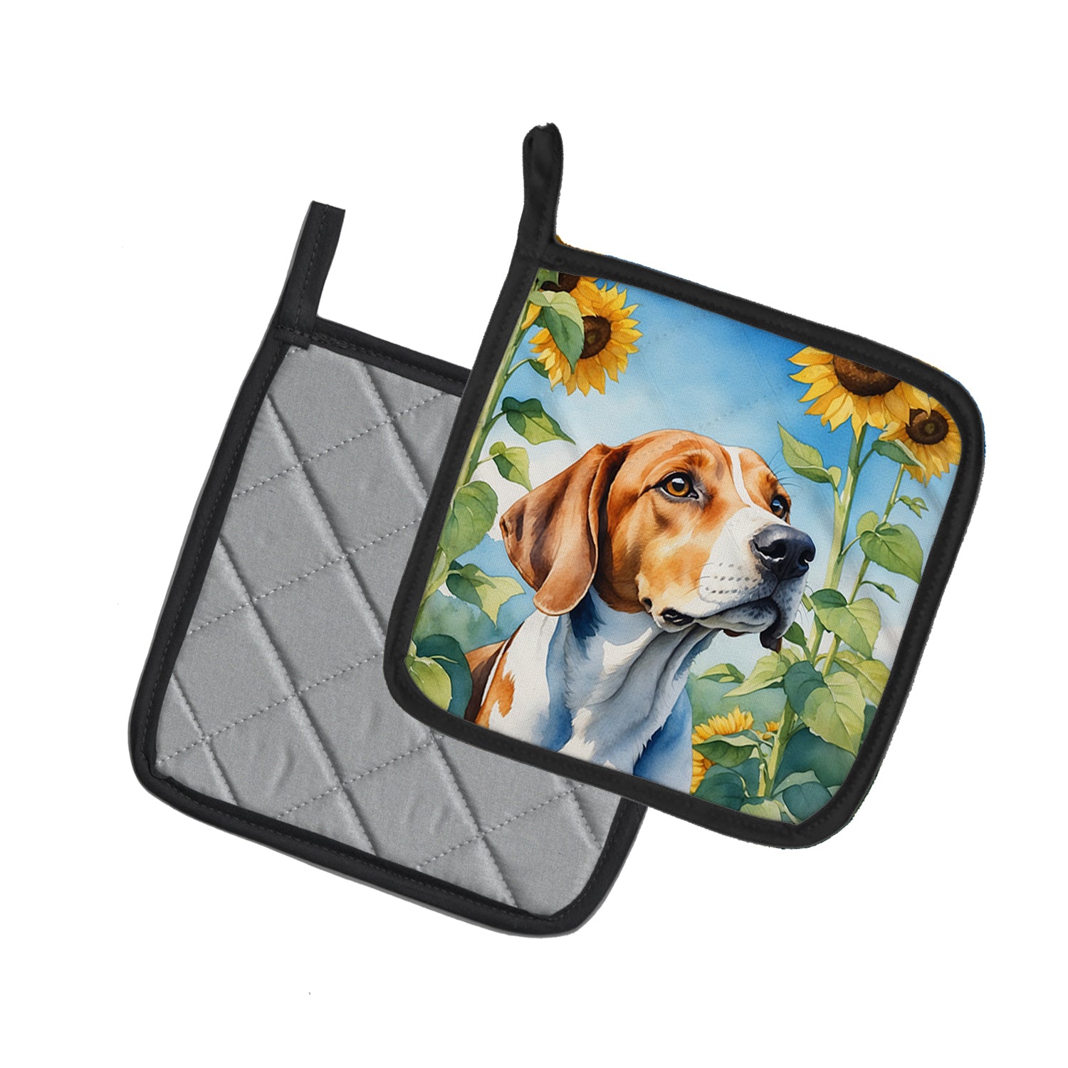 Buy this English Foxhound in Sunflowers Pair of Pot Holders