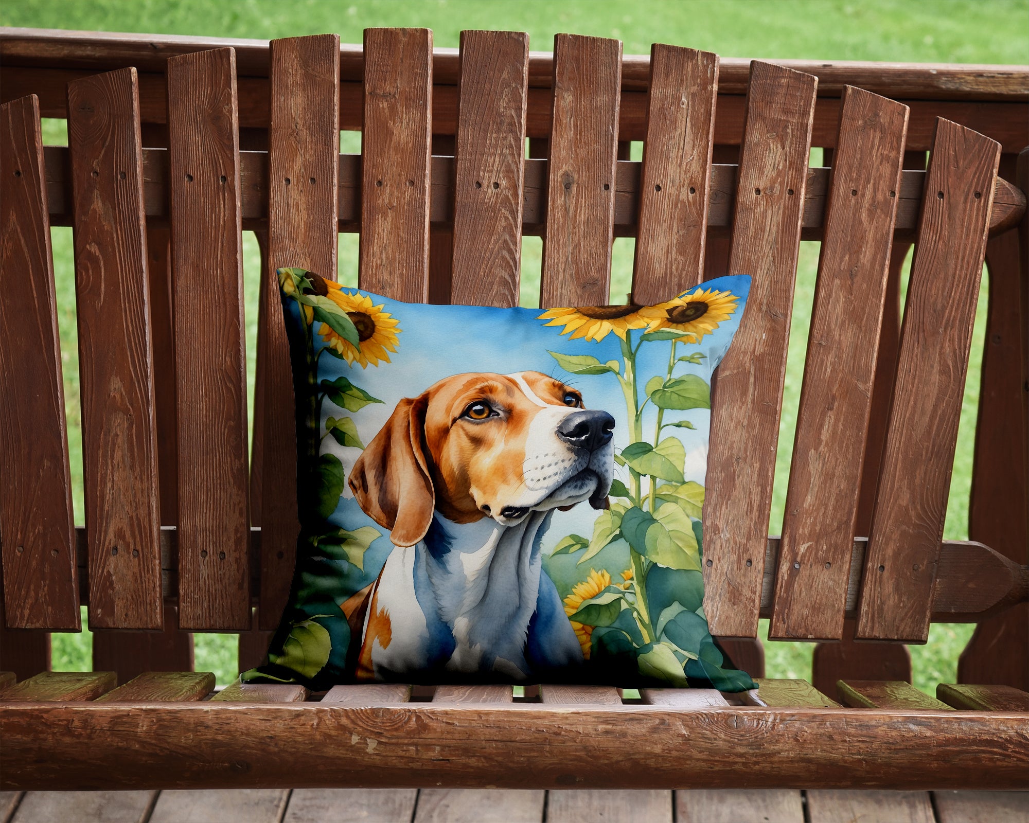 Buy this English Foxhound in Sunflowers Throw Pillow