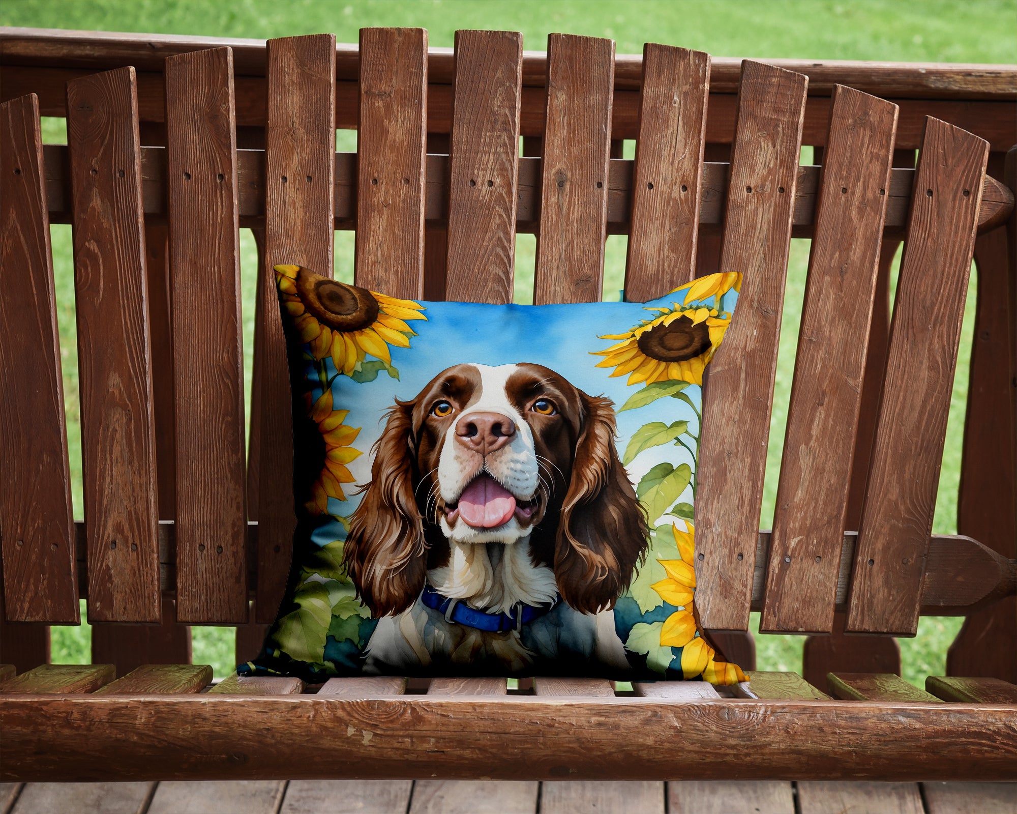 Buy this English Springer Spaniel in Sunflowers Throw Pillow