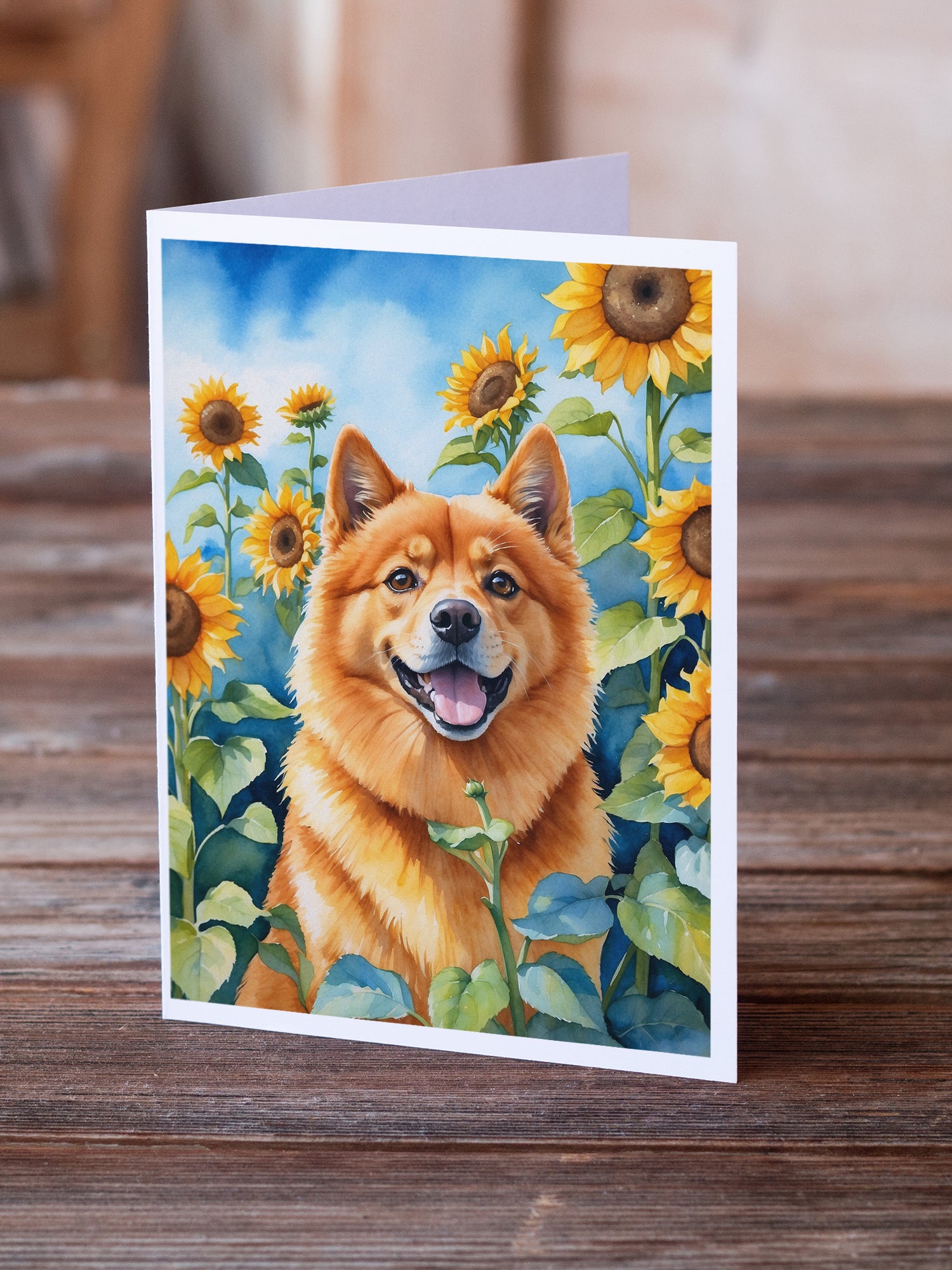 Buy this Finnish Spitz in Sunflowers Greeting Cards Pack of 8
