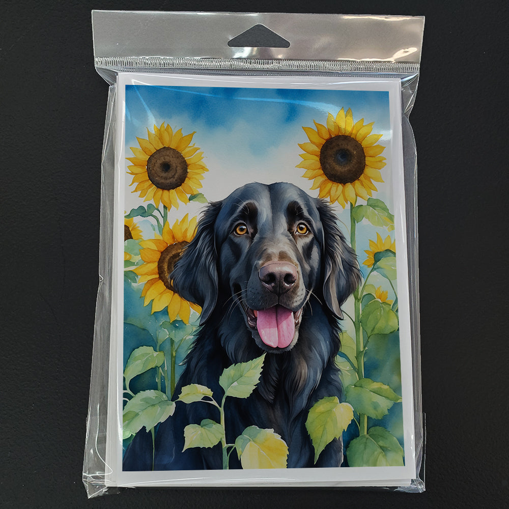 Flat-Coated Retriever in Sunflowers Greeting Cards Pack of 8