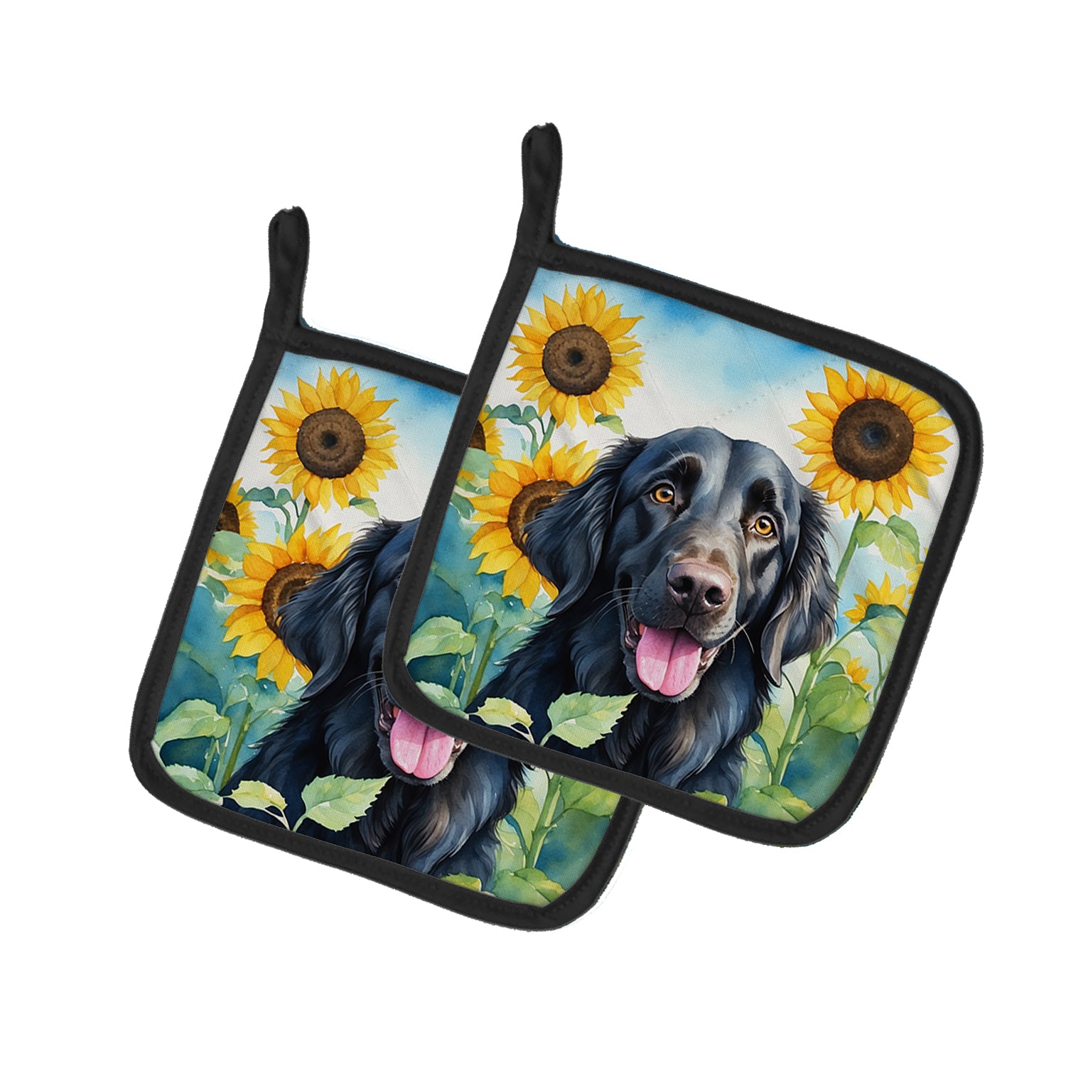 Buy this Flat-Coated Retriever in Sunflowers Pair of Pot Holders
