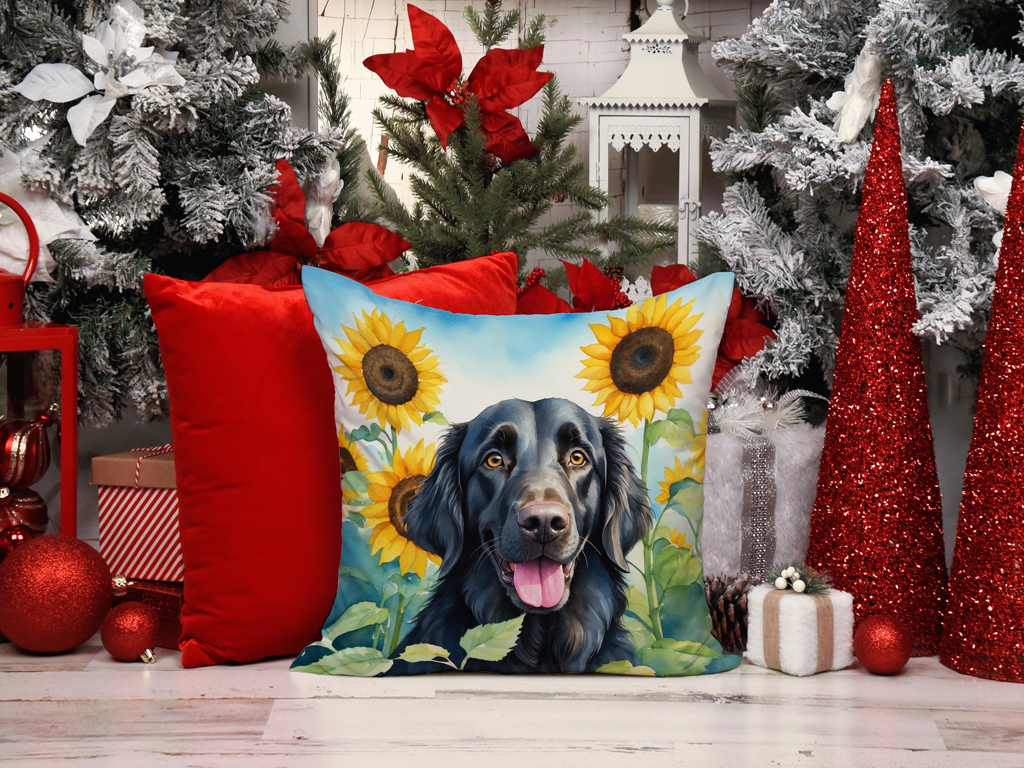 Flat-Coated Retriever in Sunflowers Throw Pillow