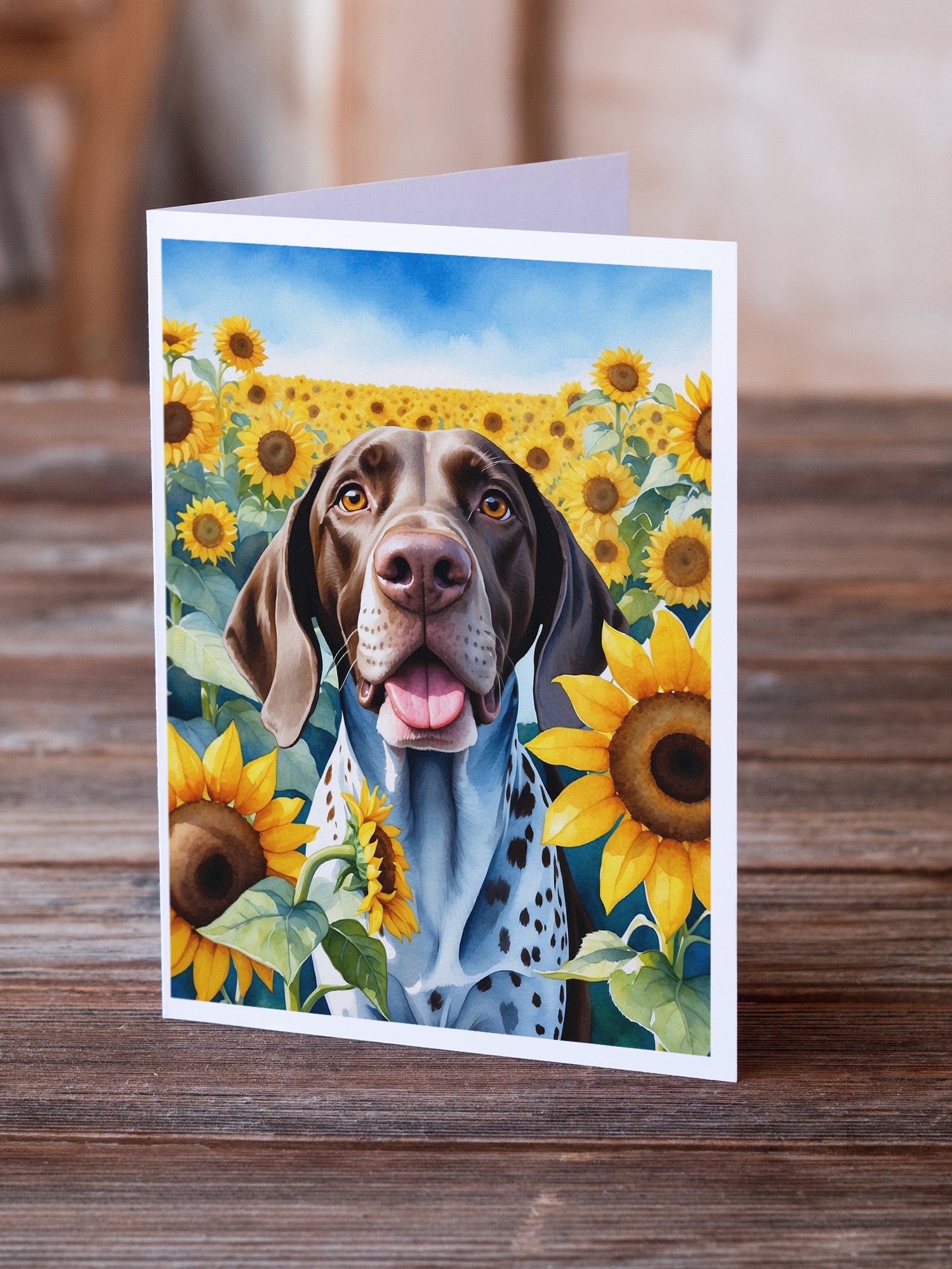 Buy this German Shorthaired Pointer in Sunflowers Greeting Cards Pack of 8