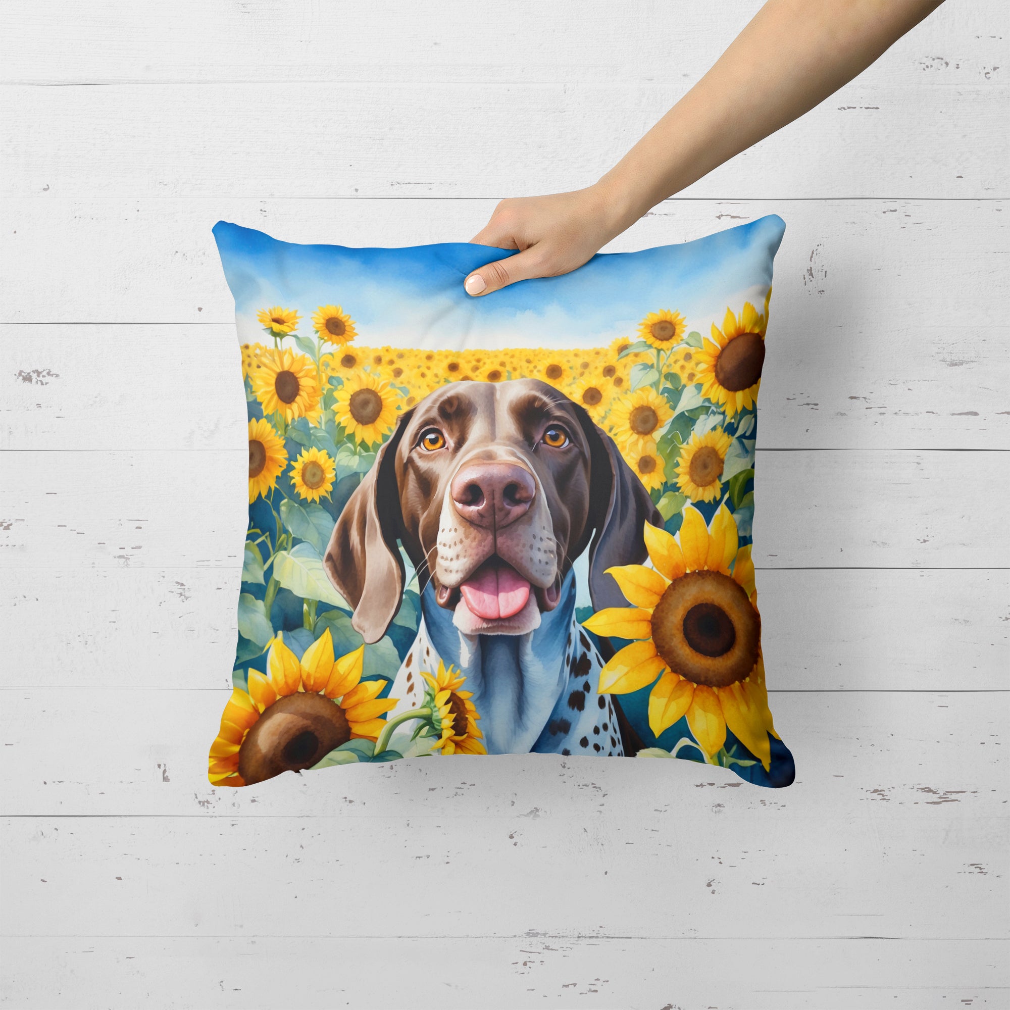 Buy this German Shorthaired Pointer in Sunflowers Throw Pillow