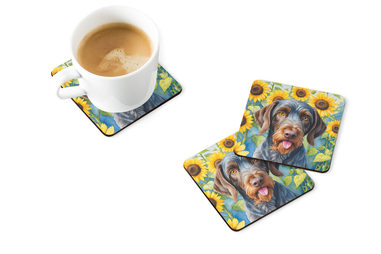 Buy this German Wirehaired Pointer in Sunflowers Foam Coasters