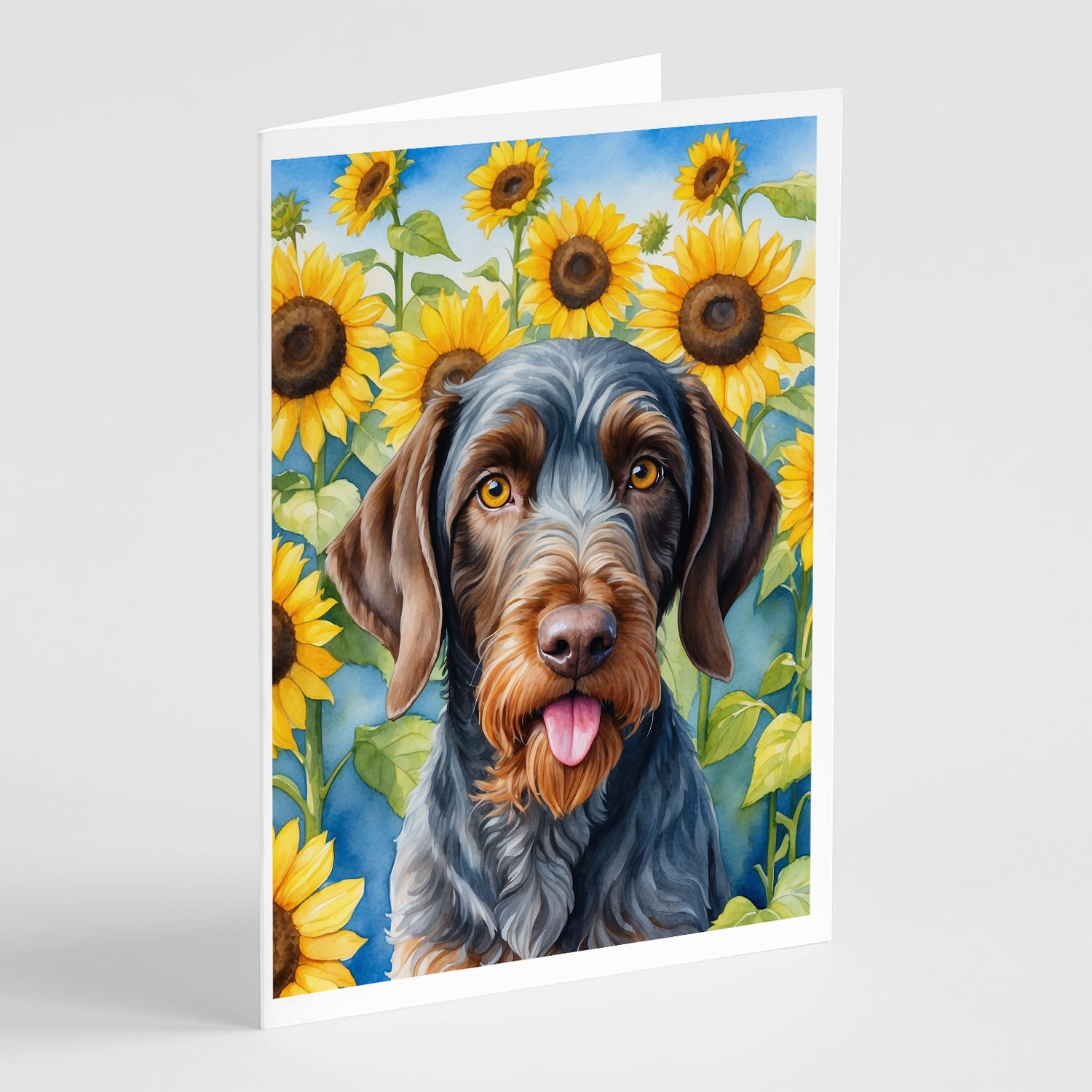 Buy this German Wirehaired Pointer in Sunflowers Greeting Cards Pack of 8