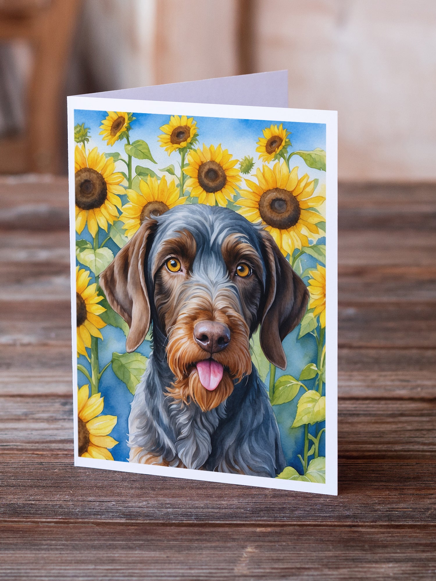 German Wirehaired Pointer in Sunflowers Greeting Cards Pack of 8