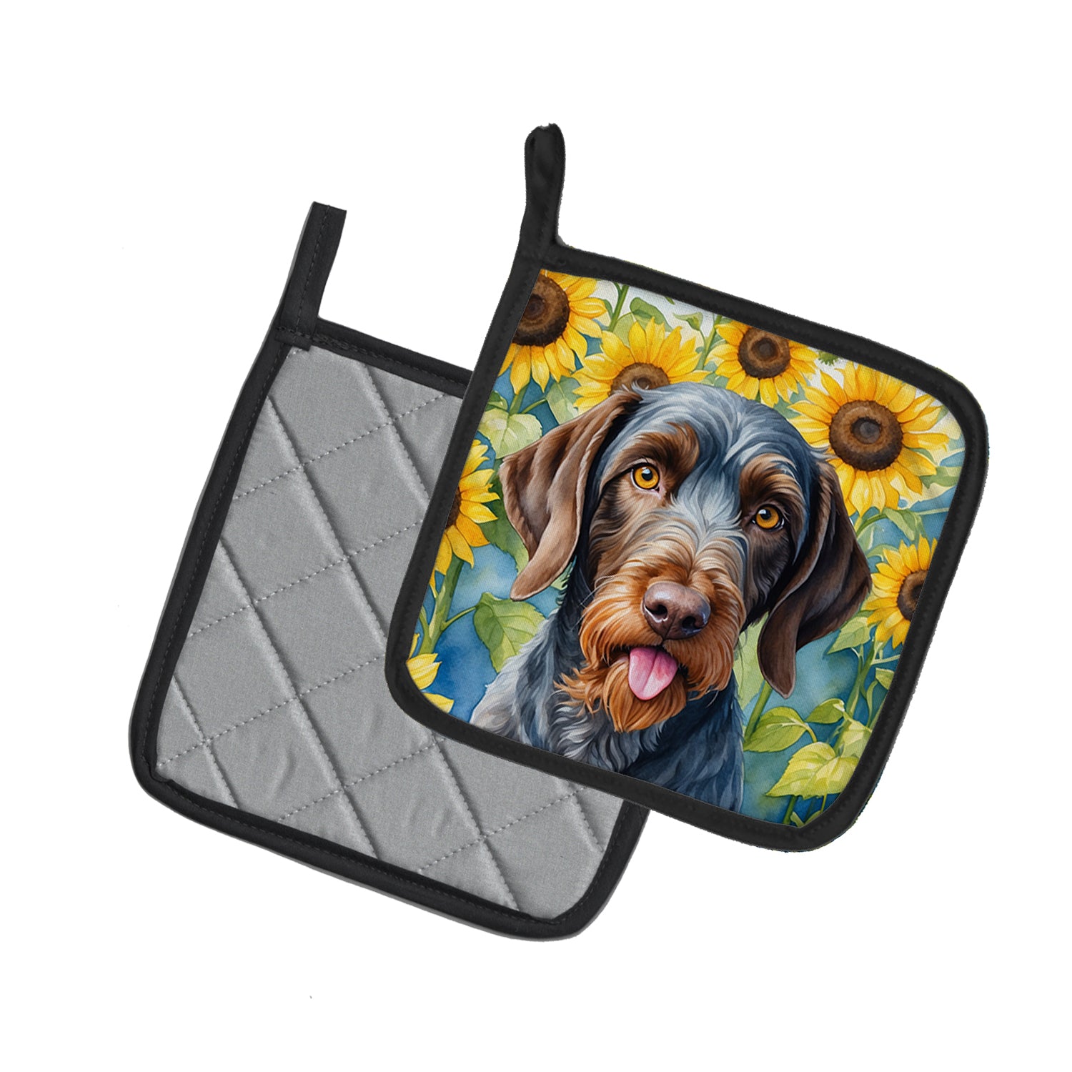 German Wirehaired Pointer in Sunflowers Pair of Pot Holders