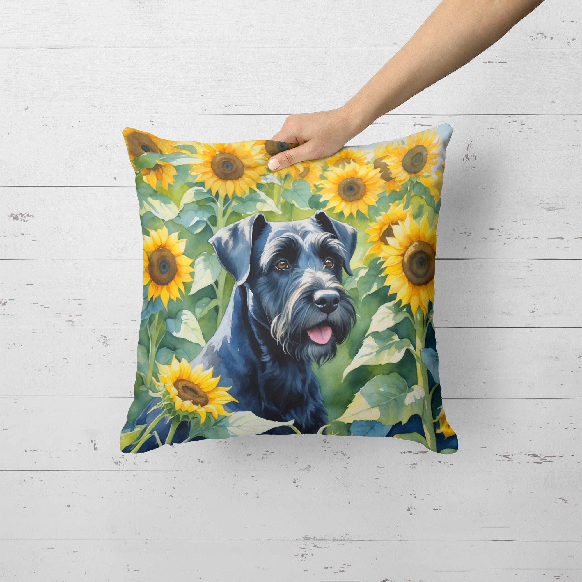 Giant Schnauzer in Sunflowers Throw Pillow