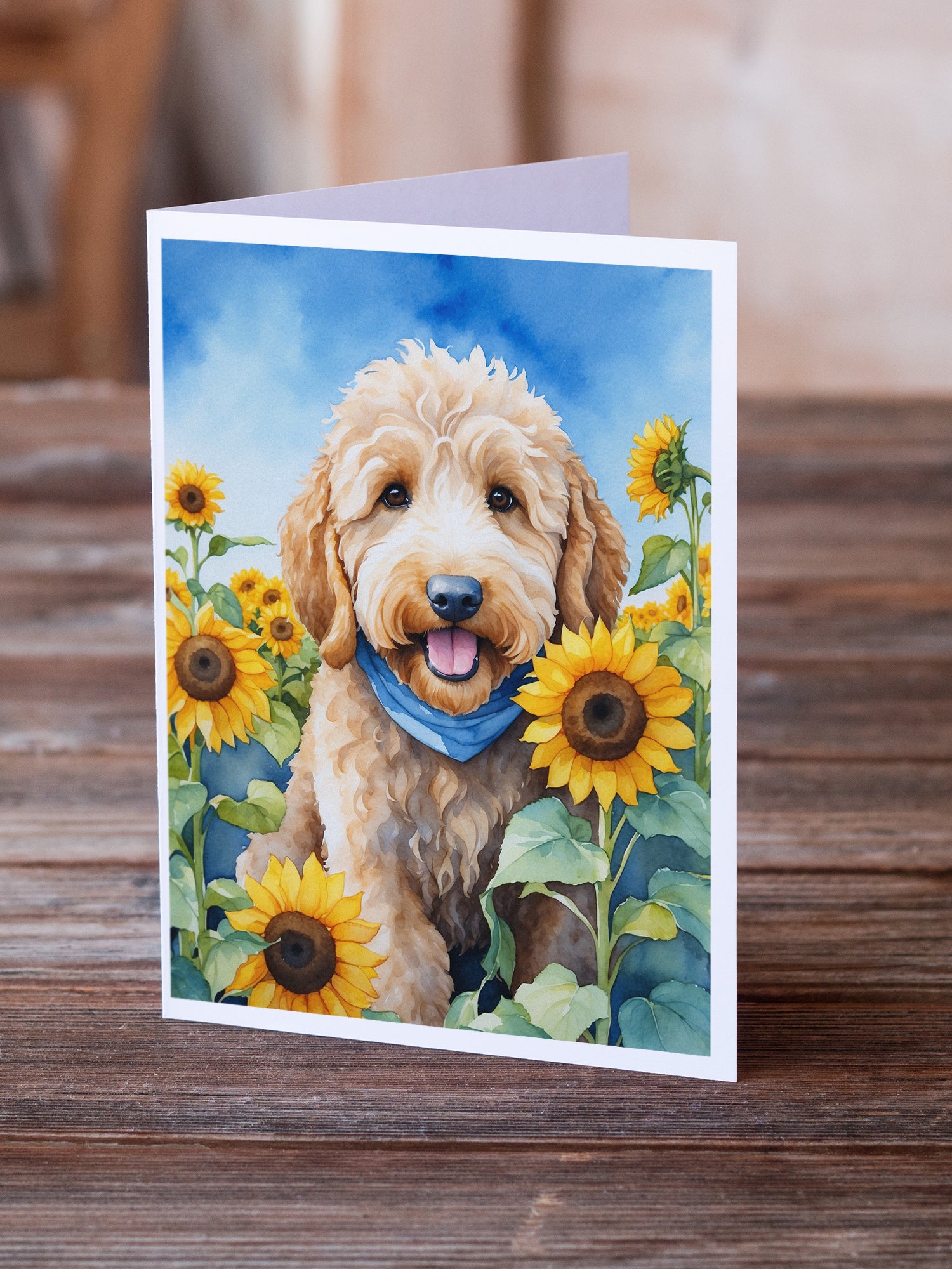 Buy this Goldendoodle in Sunflowers Greeting Cards Pack of 8