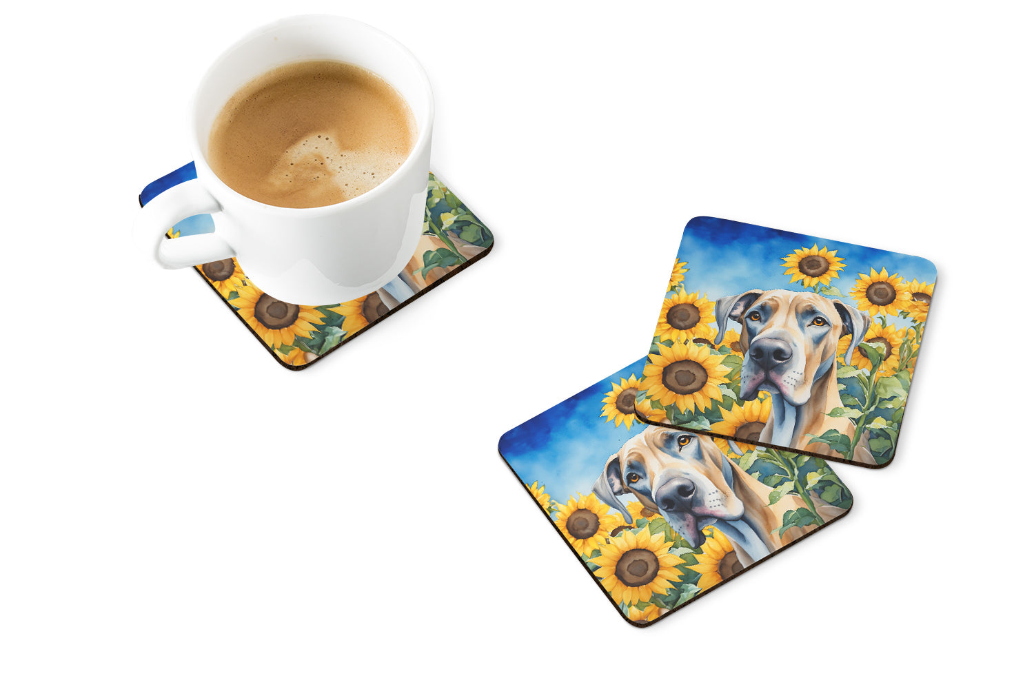 Great Dane in Sunflowers Foam Coasters