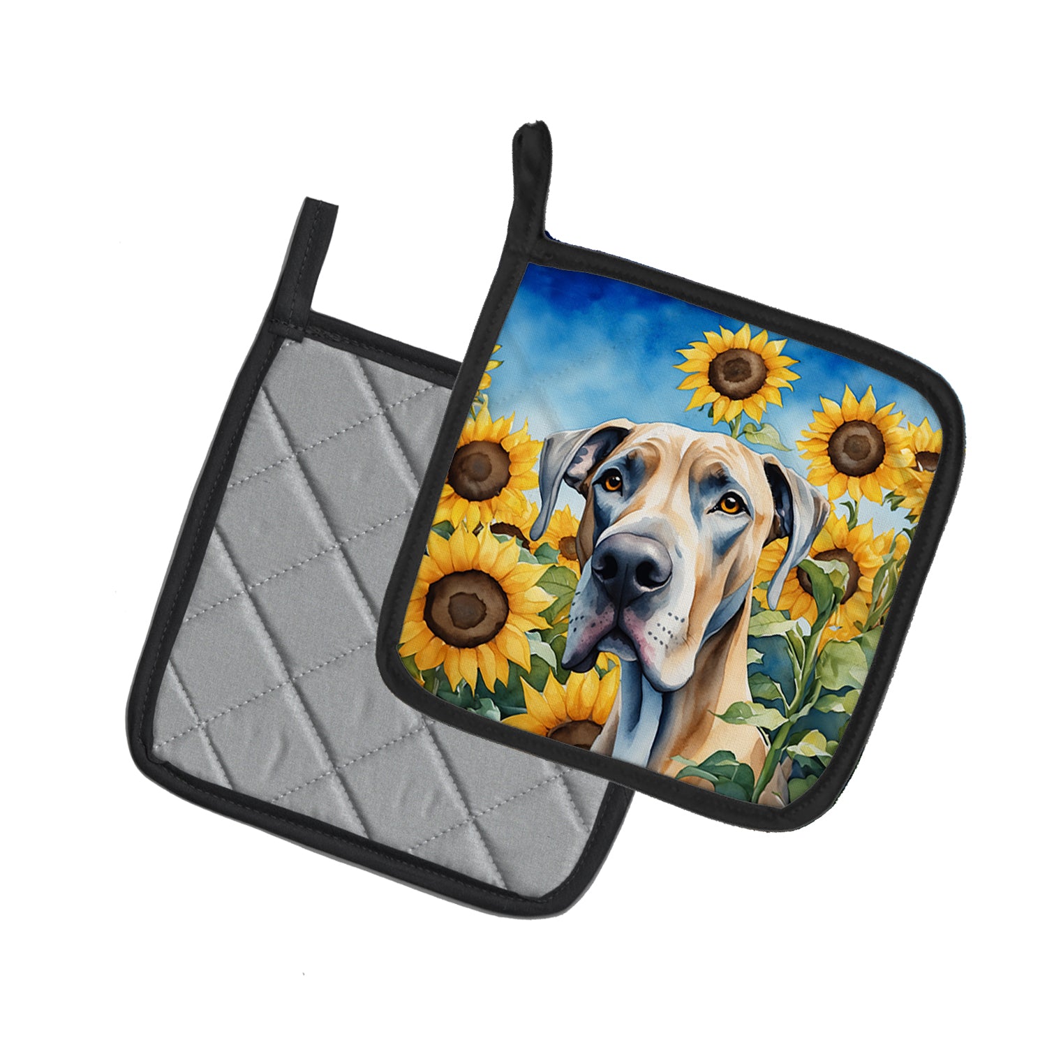 Great Dane in Sunflowers Pair of Pot Holders