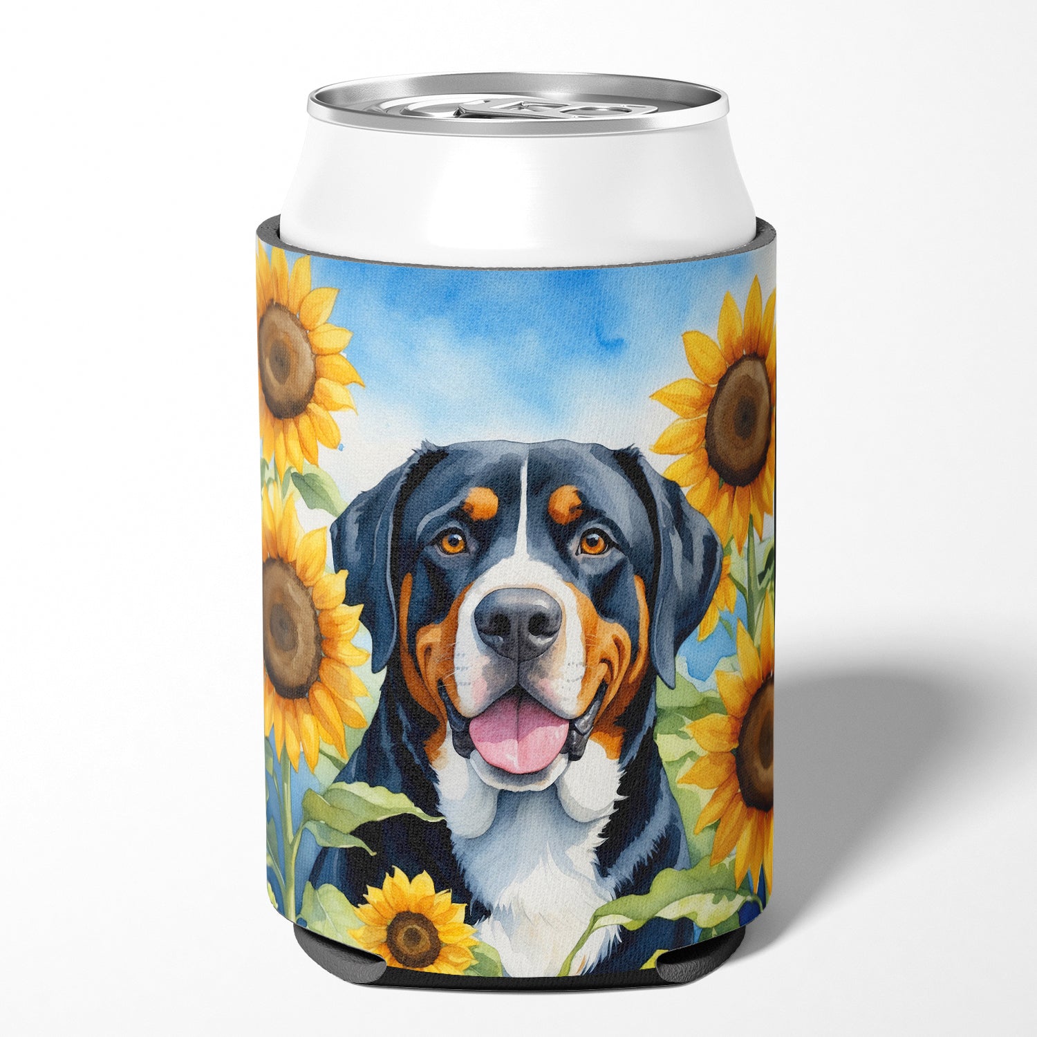 Buy this Greater Swiss Mountain Dog in Sunflowers Can or Bottle Hugger