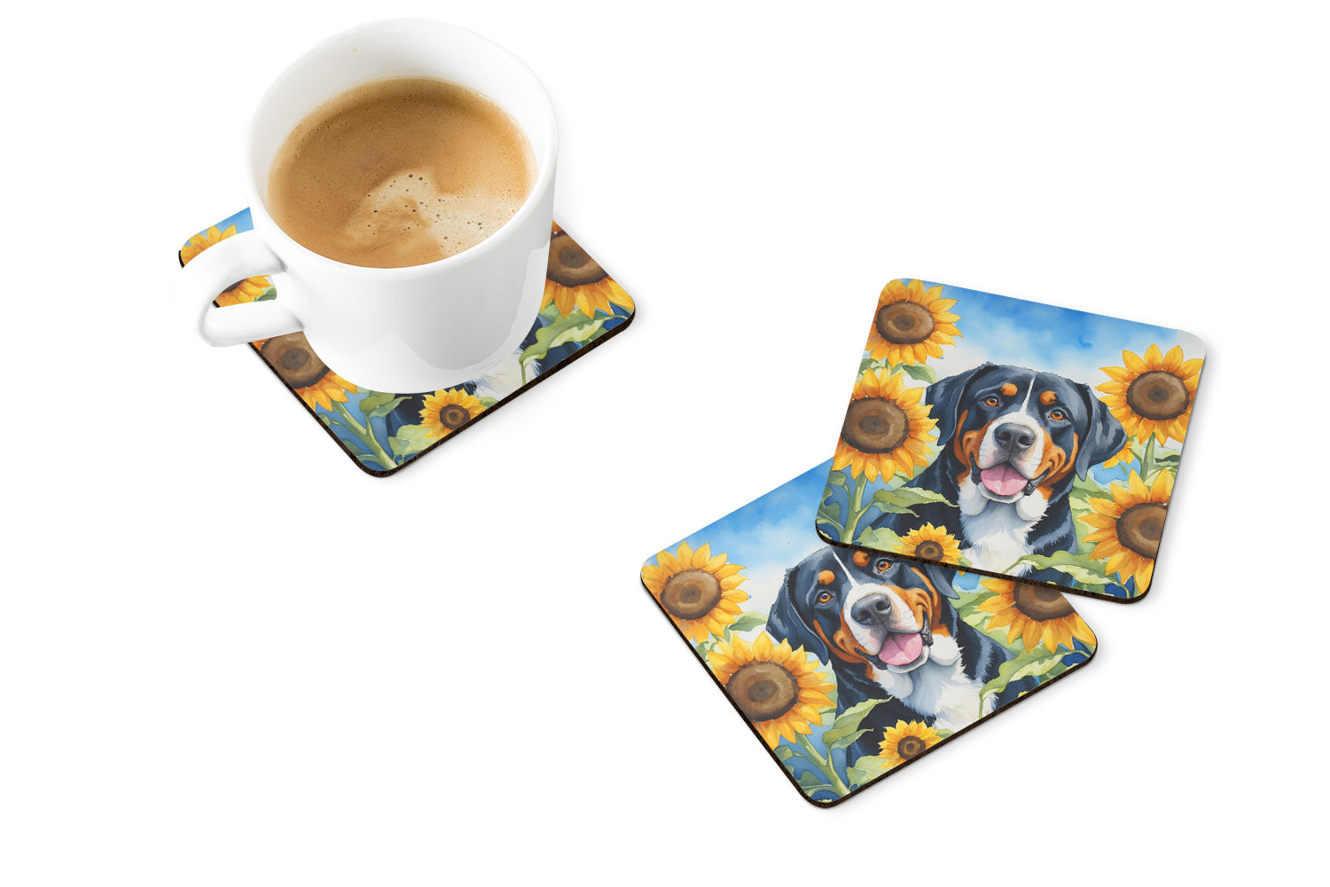 Greater Swiss Mountain Dog in Sunflowers Foam Coasters