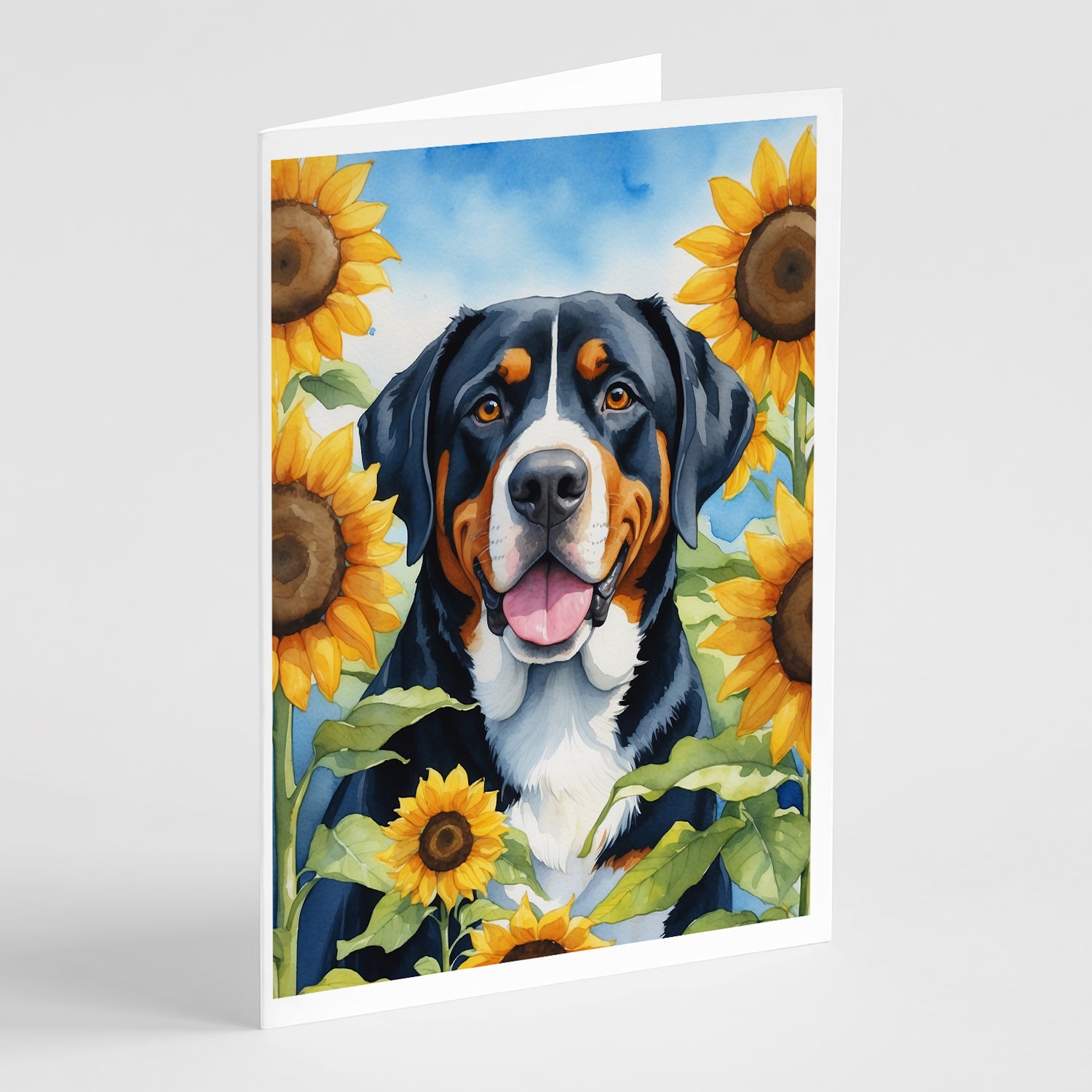 Buy this Greater Swiss Mountain Dog in Sunflowers Greeting Cards Pack of 8