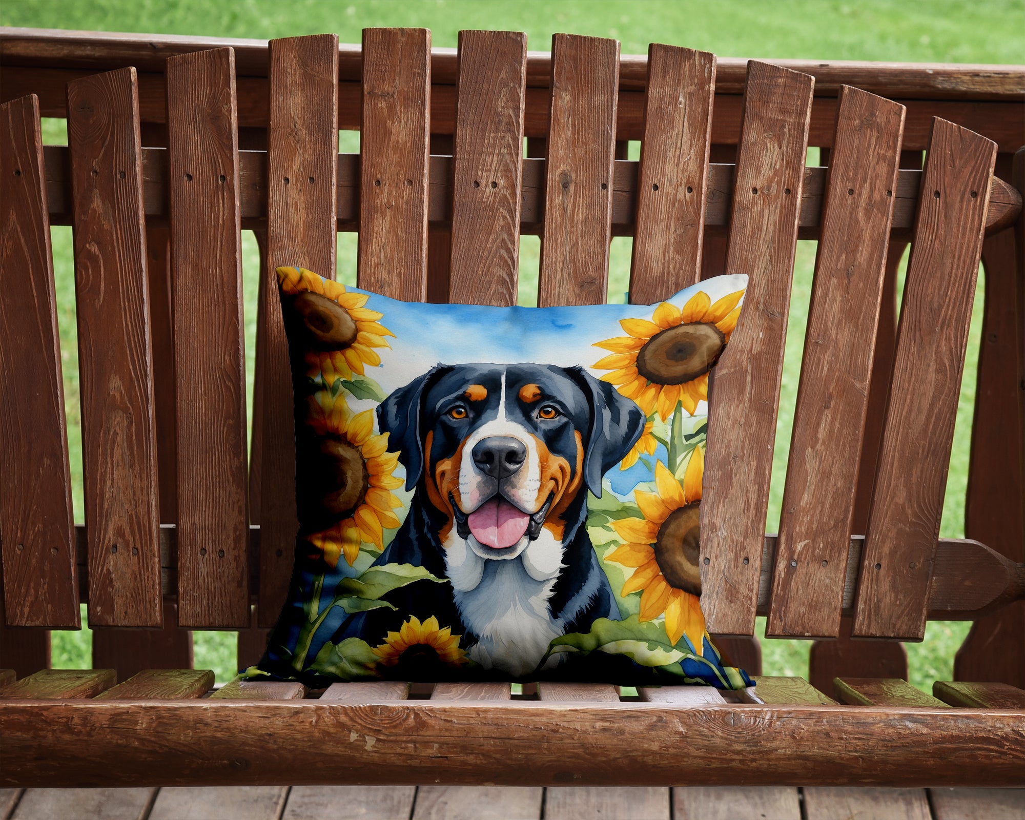 Buy this Greater Swiss Mountain Dog in Sunflowers Throw Pillow