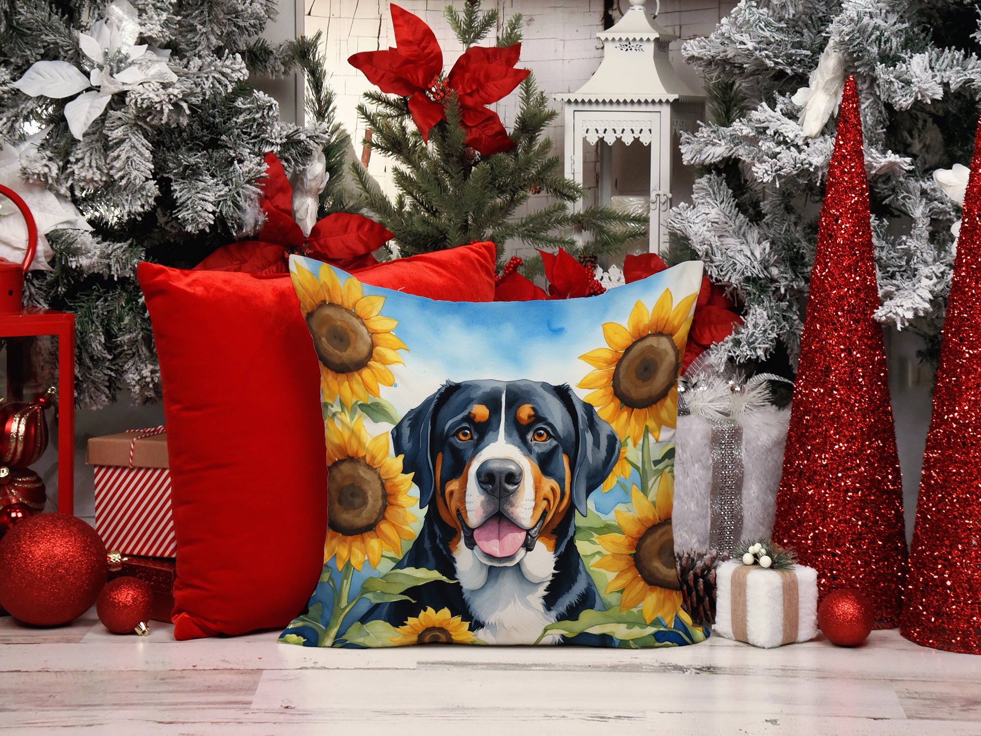 Greater Swiss Mountain Dog in Sunflowers Throw Pillow