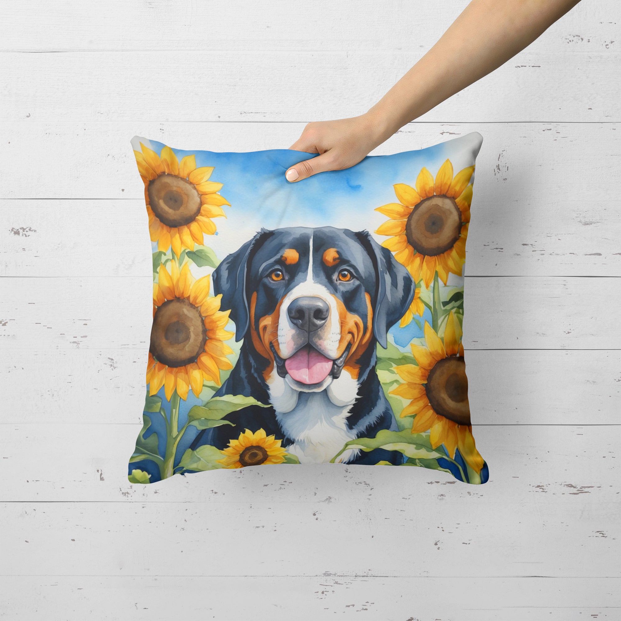 Buy this Greater Swiss Mountain Dog in Sunflowers Throw Pillow