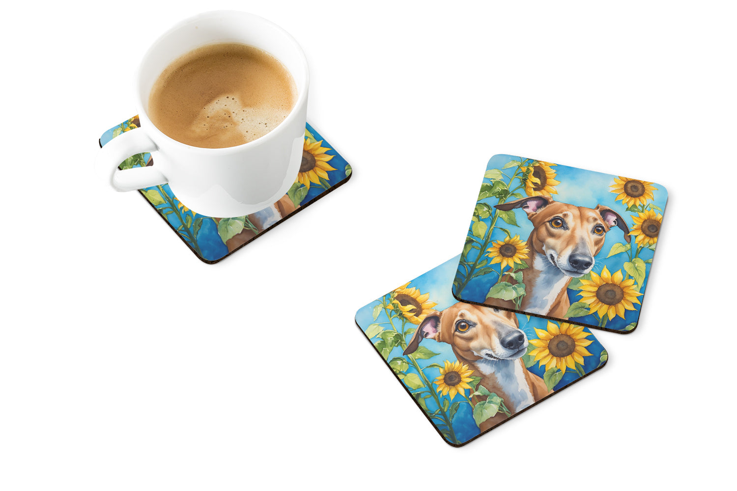 Buy this Greyhound in Sunflowers Foam Coasters