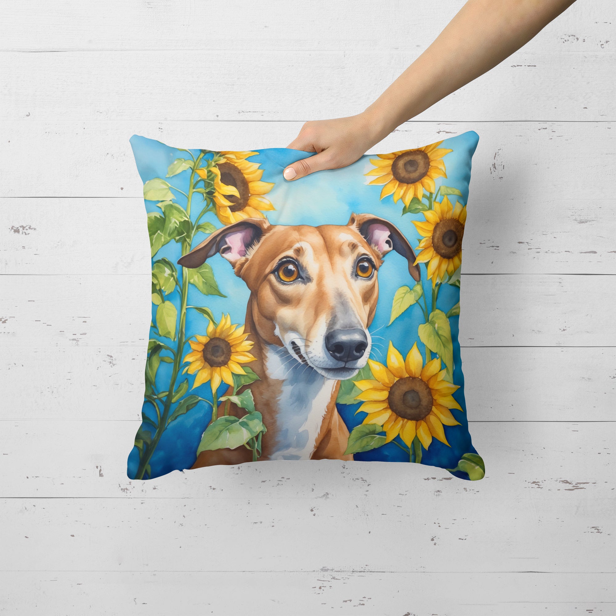 Buy this Greyhound in Sunflowers Throw Pillow