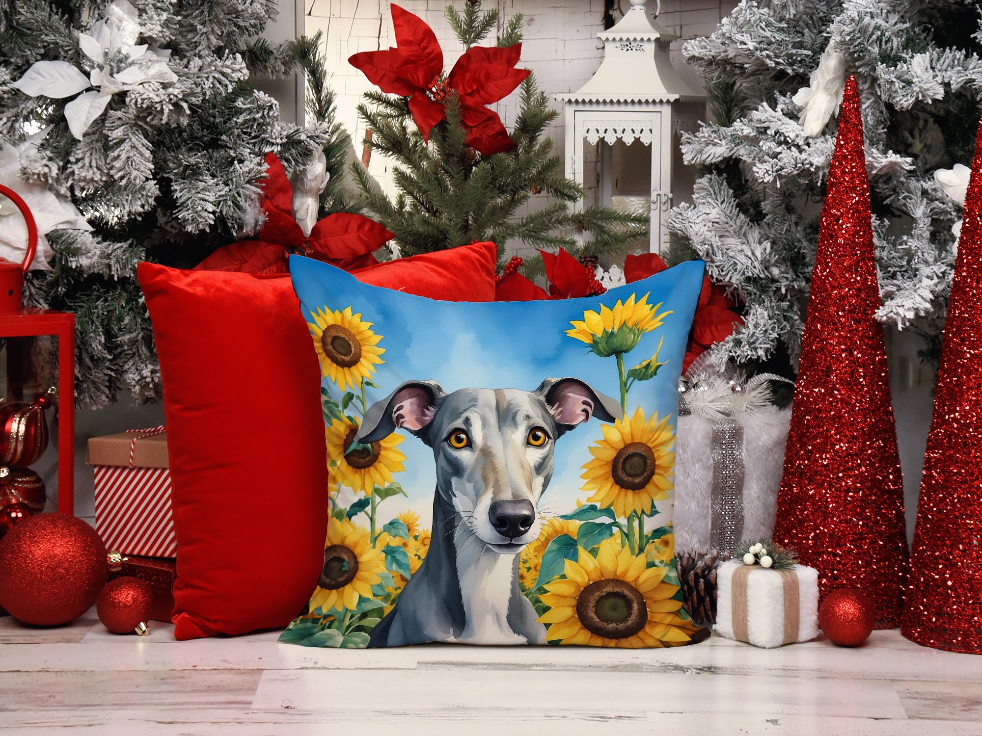 Greyhound in Sunflowers Throw Pillow