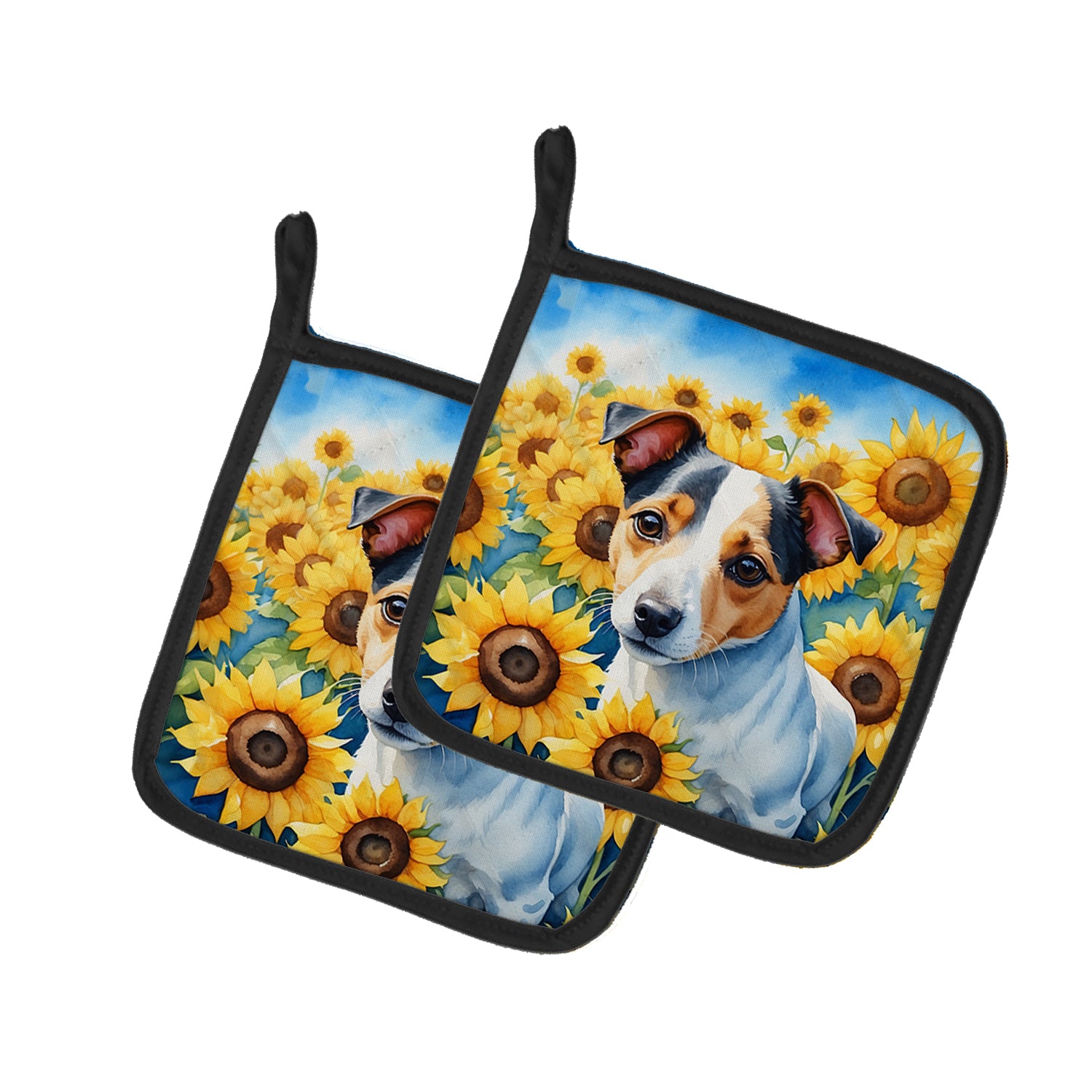 Buy this Jack Russell Terrier in Sunflowers Pair of Pot Holders