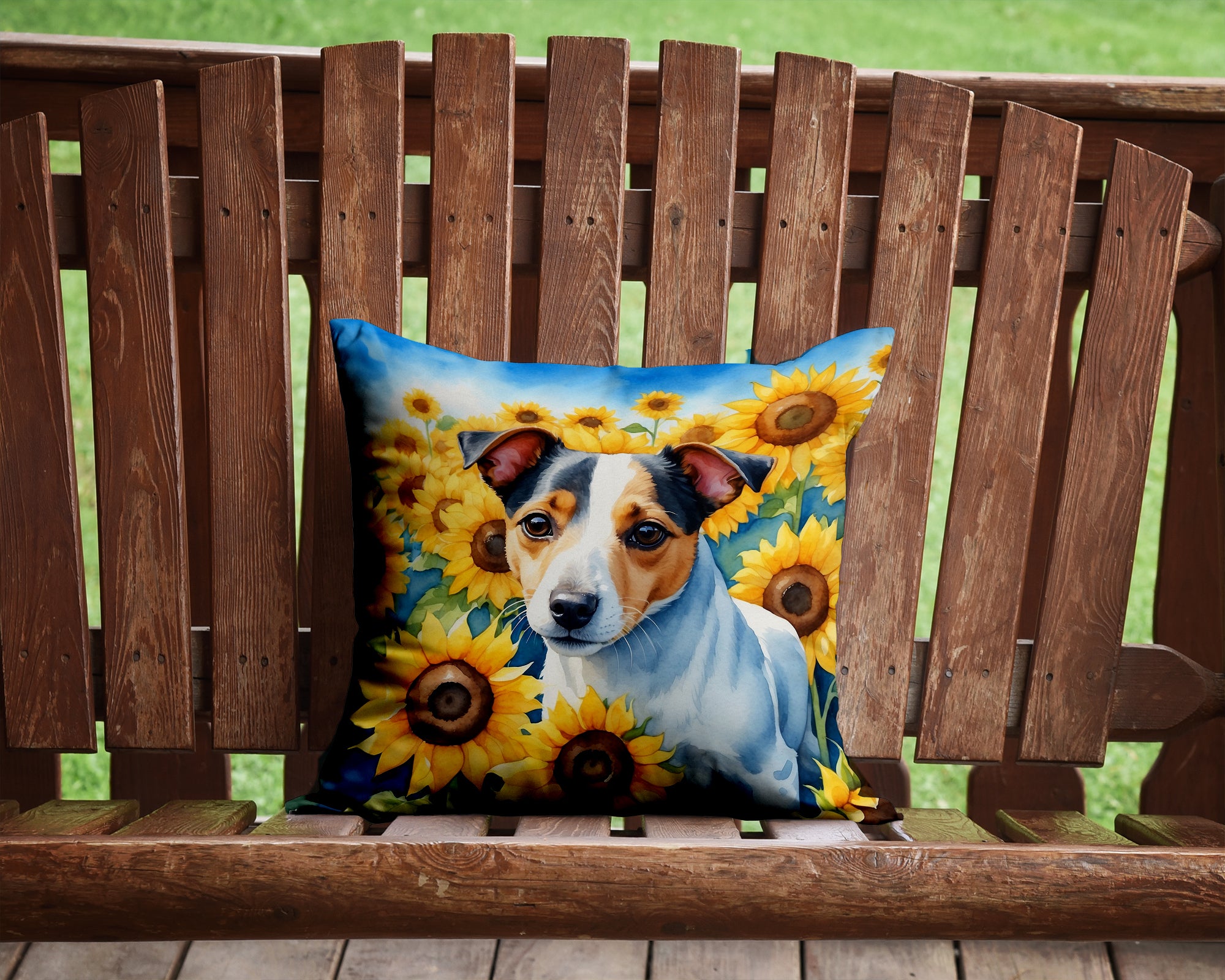 Buy this Jack Russell Terrier in Sunflowers Throw Pillow