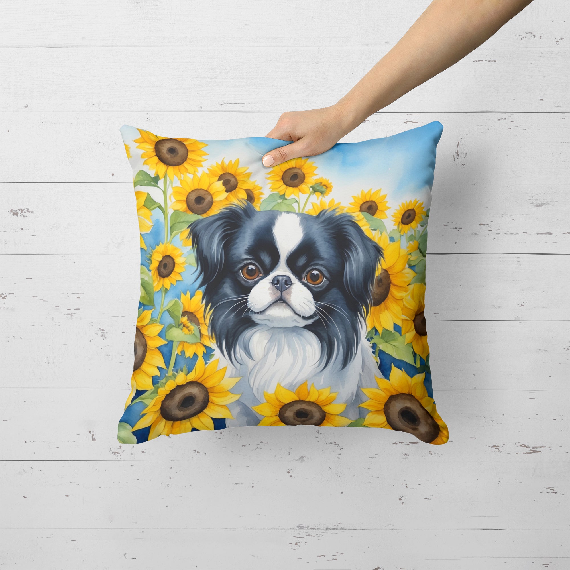 Buy this Japanese Chin in Sunflowers Throw Pillow