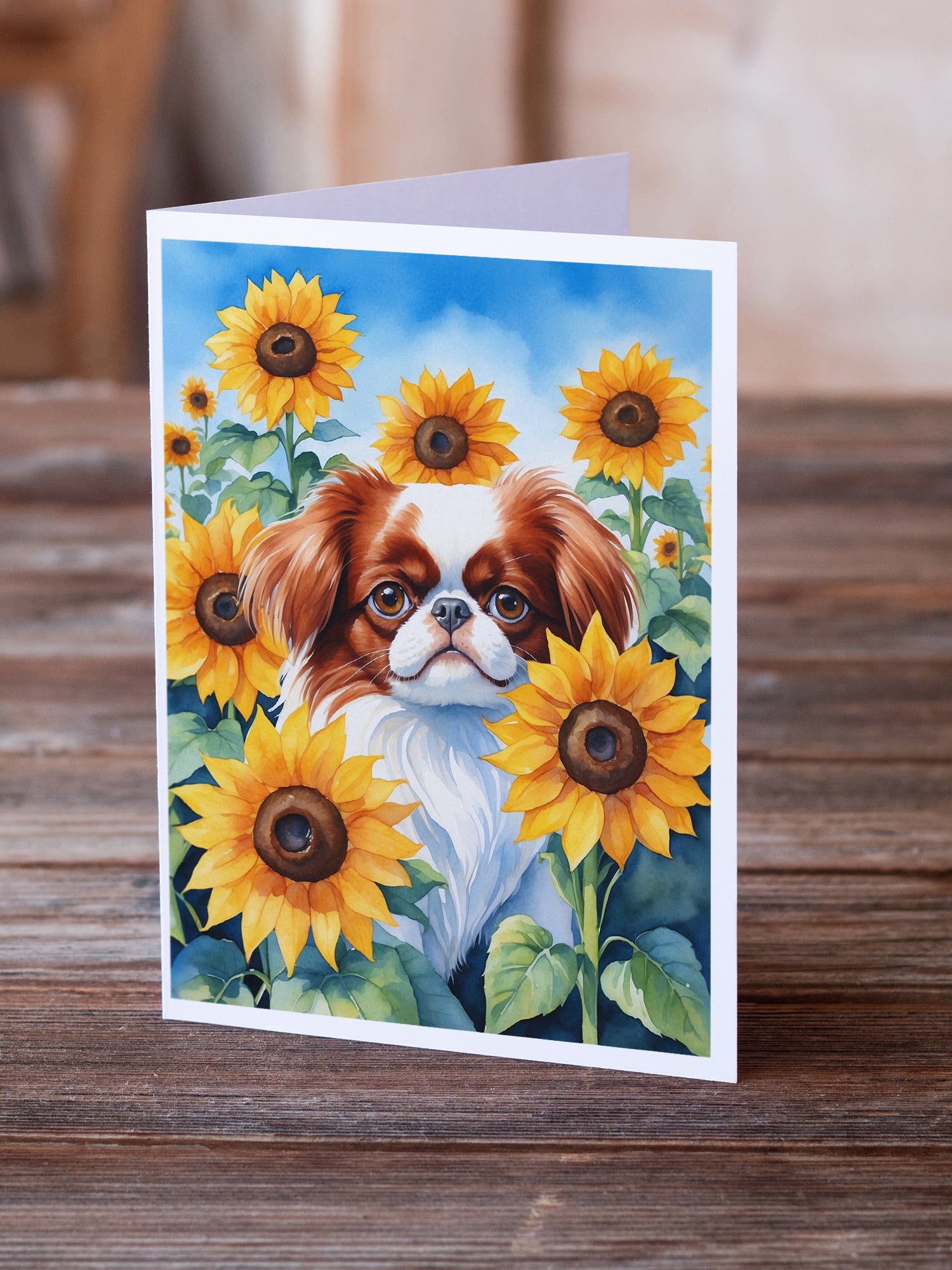 Japanese Chin in Sunflowers Greeting Cards Pack of 8