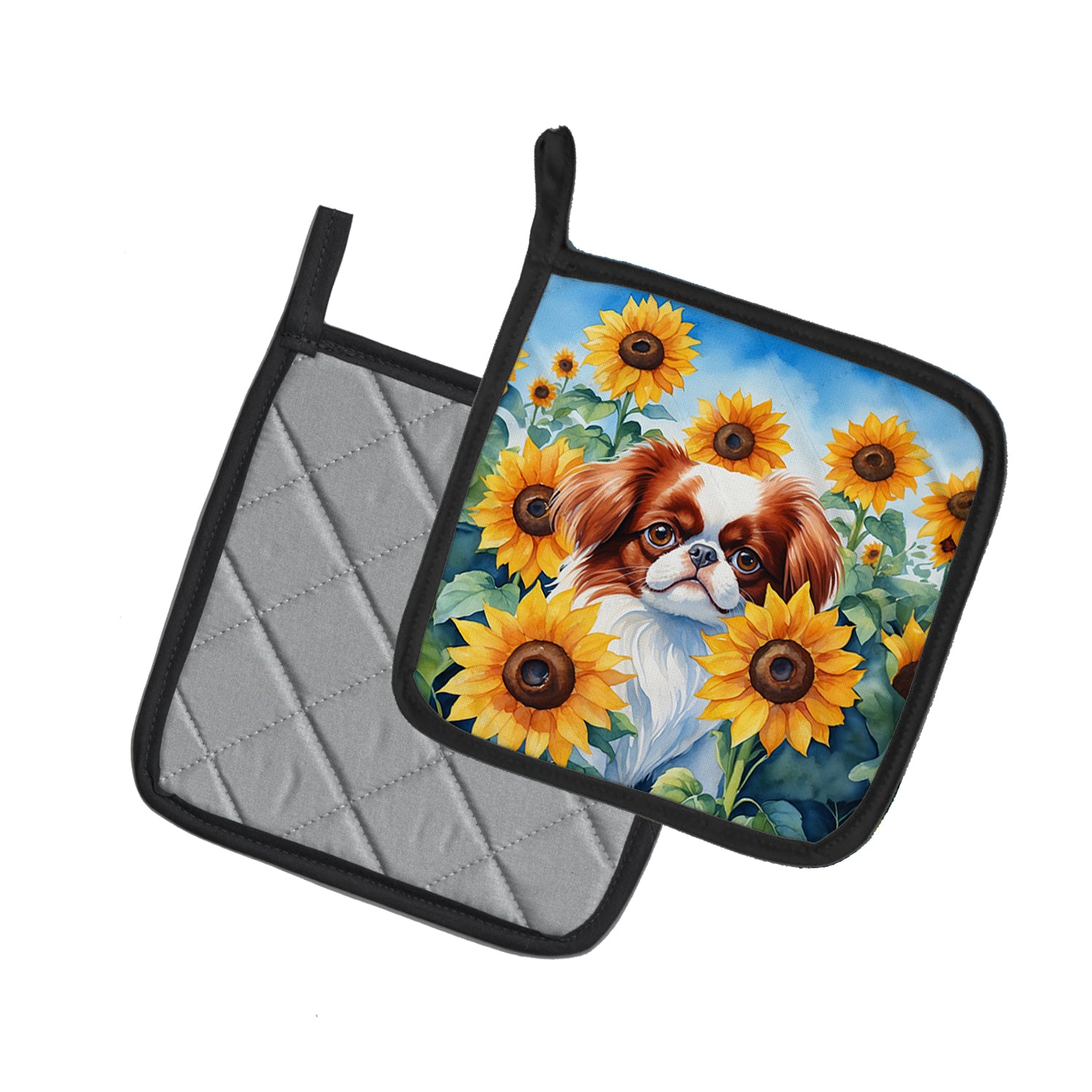 Japanese Chin in Sunflowers Pair of Pot Holders
