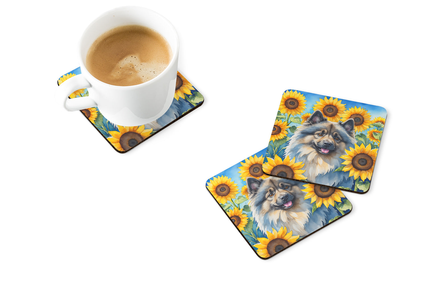 Keeshond in Sunflowers Foam Coasters