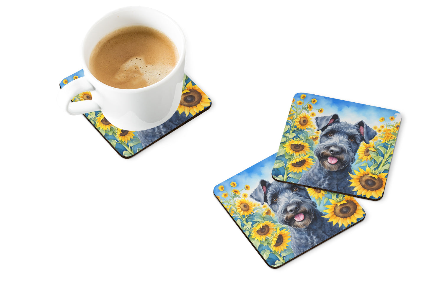 Kerry Blue Terrier in Sunflowers Foam Coasters