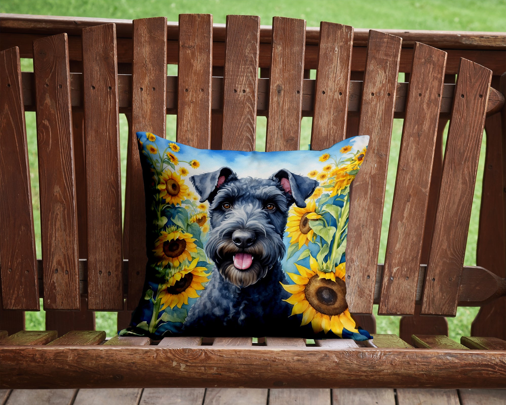 Kerry Blue Terrier in Sunflowers Throw Pillow