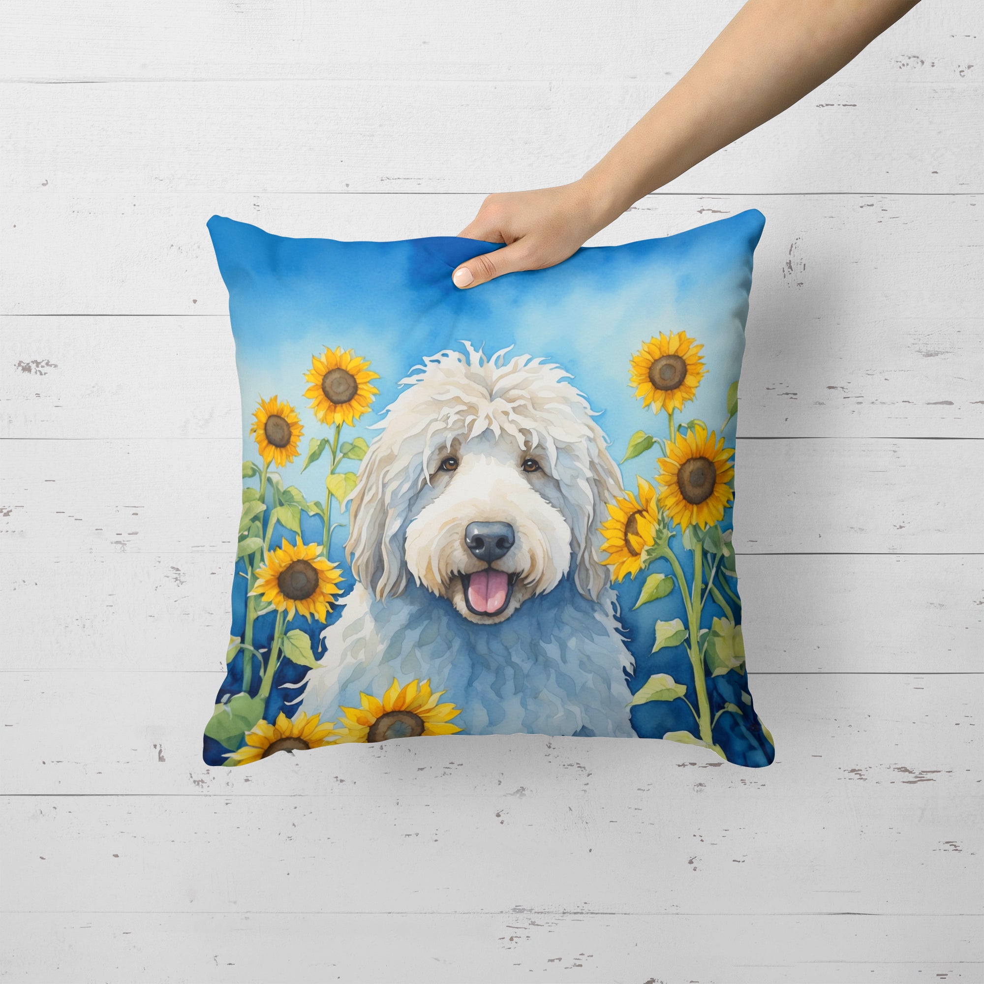 Komondor in Sunflowers Throw Pillow