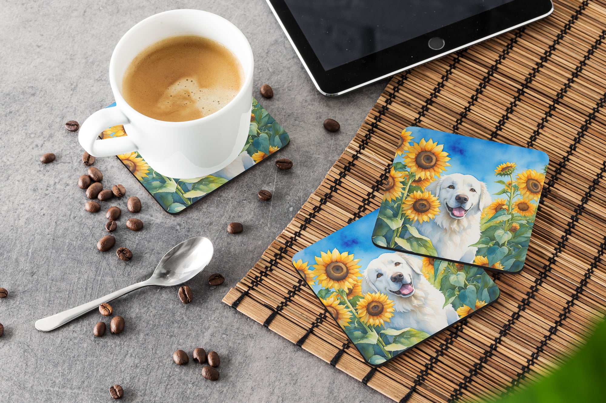 Kuvasz in Sunflowers Foam Coasters