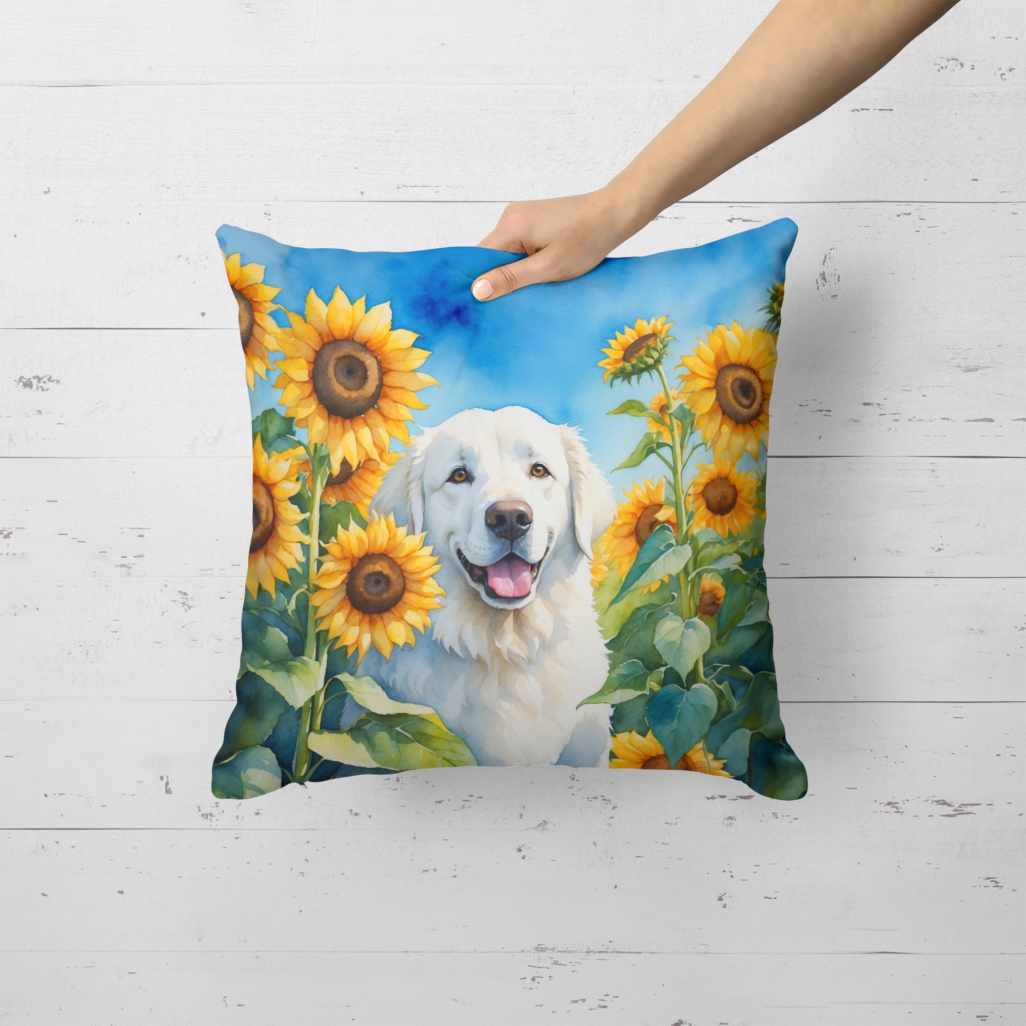 Kuvasz in Sunflowers Throw Pillow
