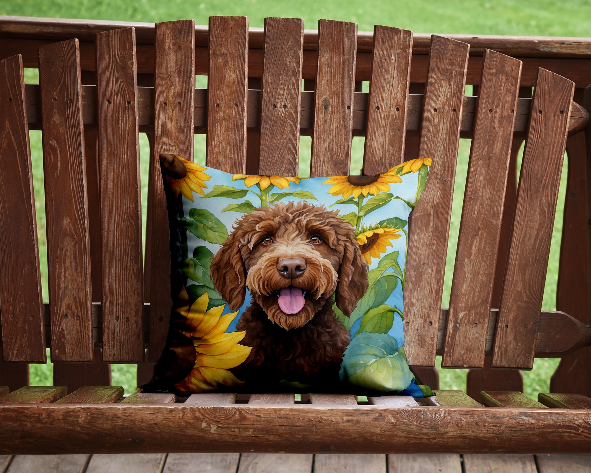 Buy this Labradoodle in Sunflowers Throw Pillow