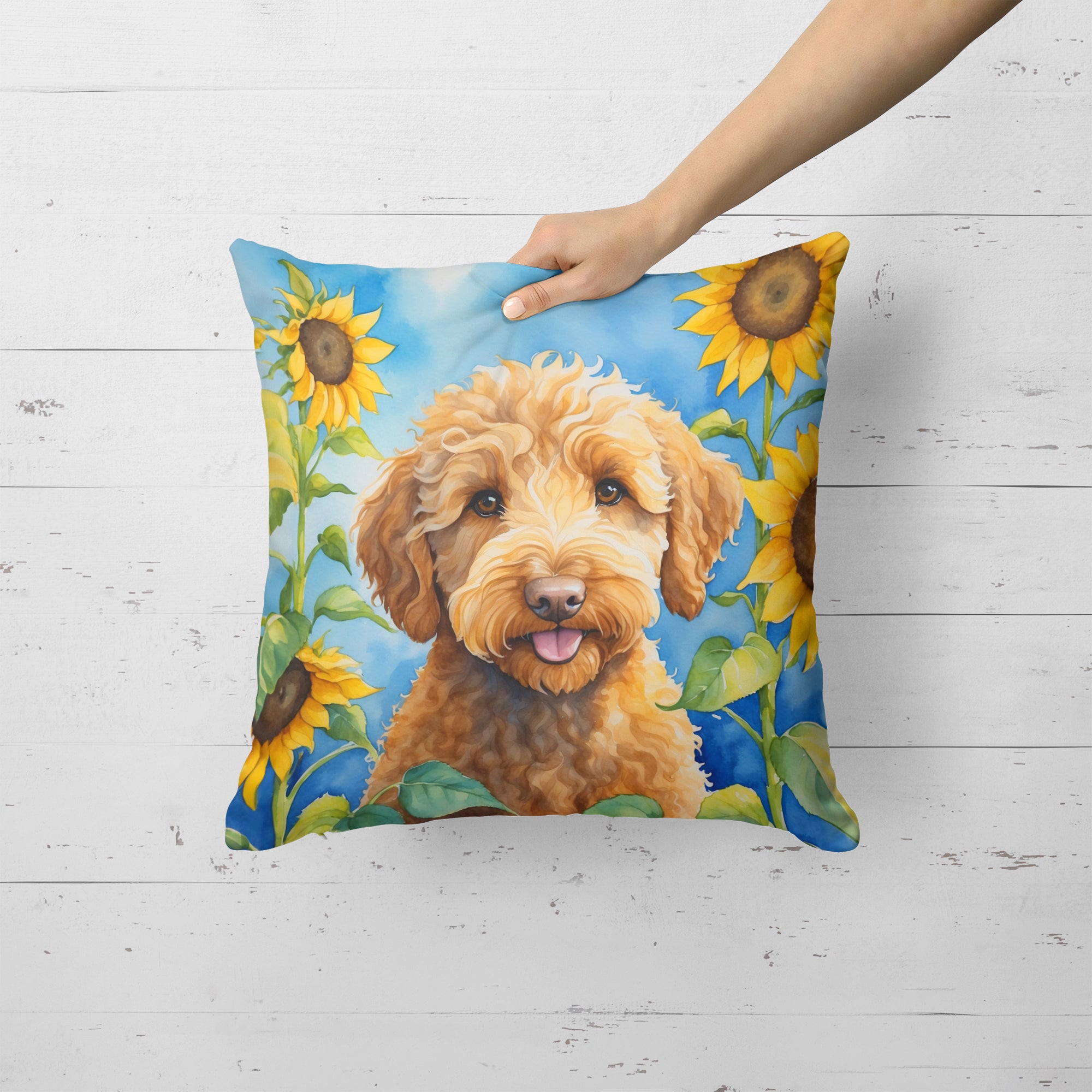 Buy this Labradoodle in Sunflowers Throw Pillow