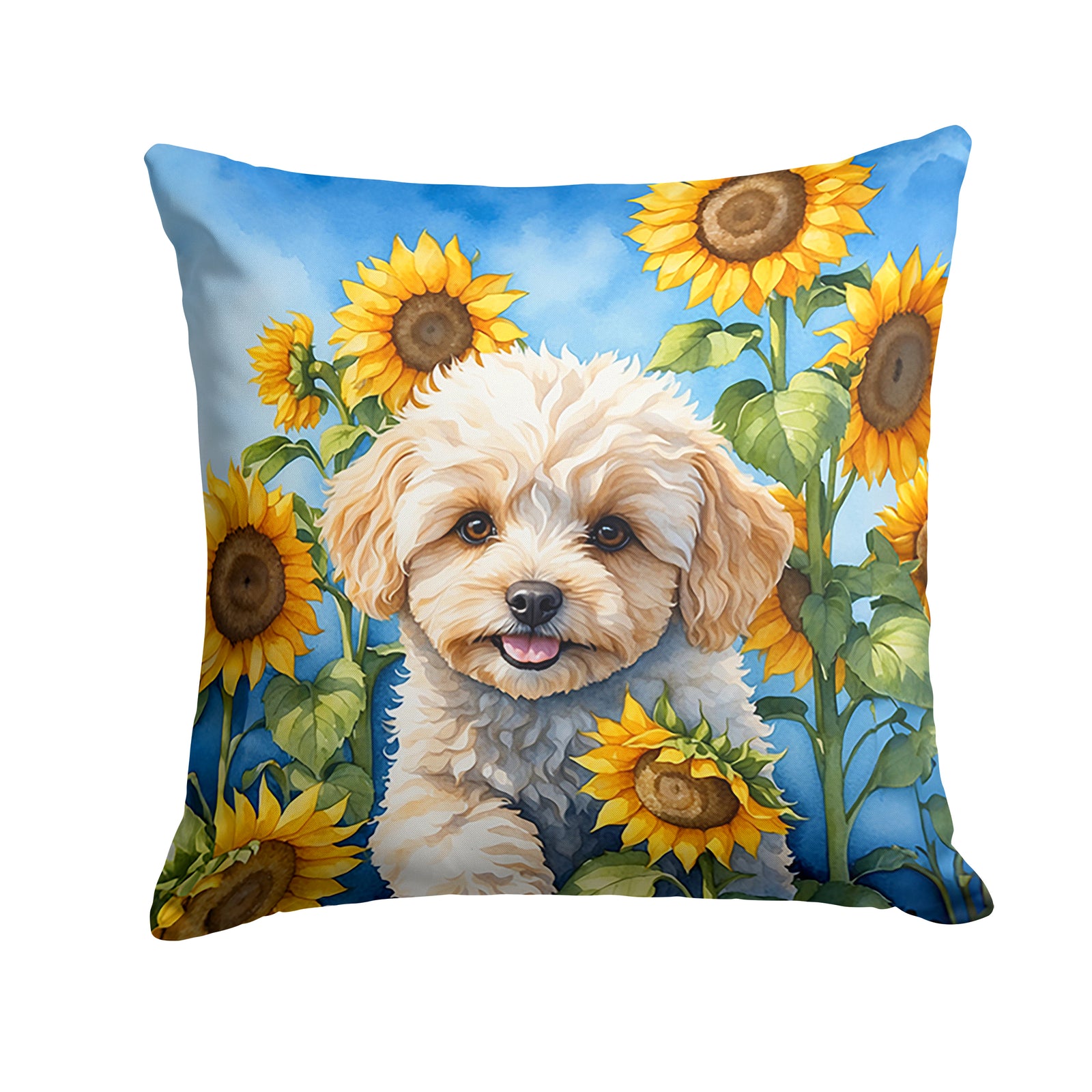 Buy this Maltipoo in Sunflowers Throw Pillow