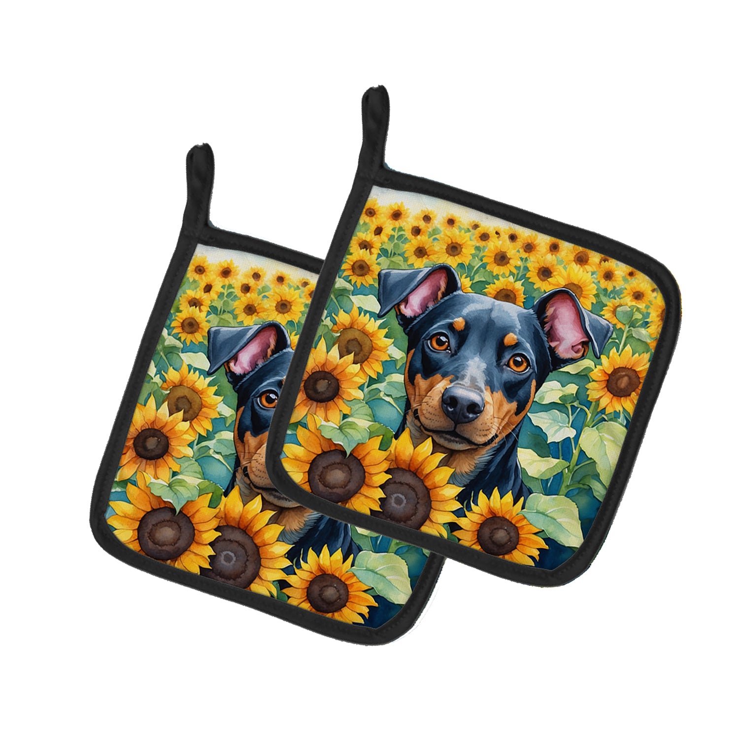 Buy this Manchester Terrier in Sunflowers Pair of Pot Holders