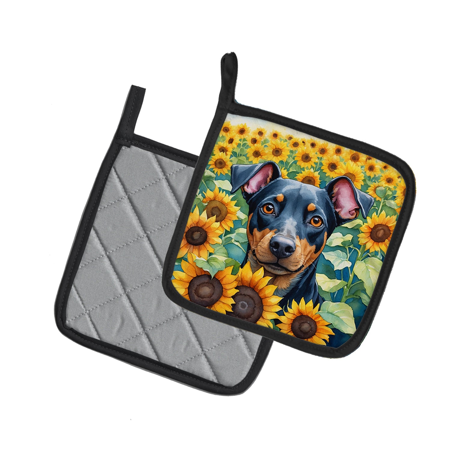 Manchester Terrier in Sunflowers Pair of Pot Holders