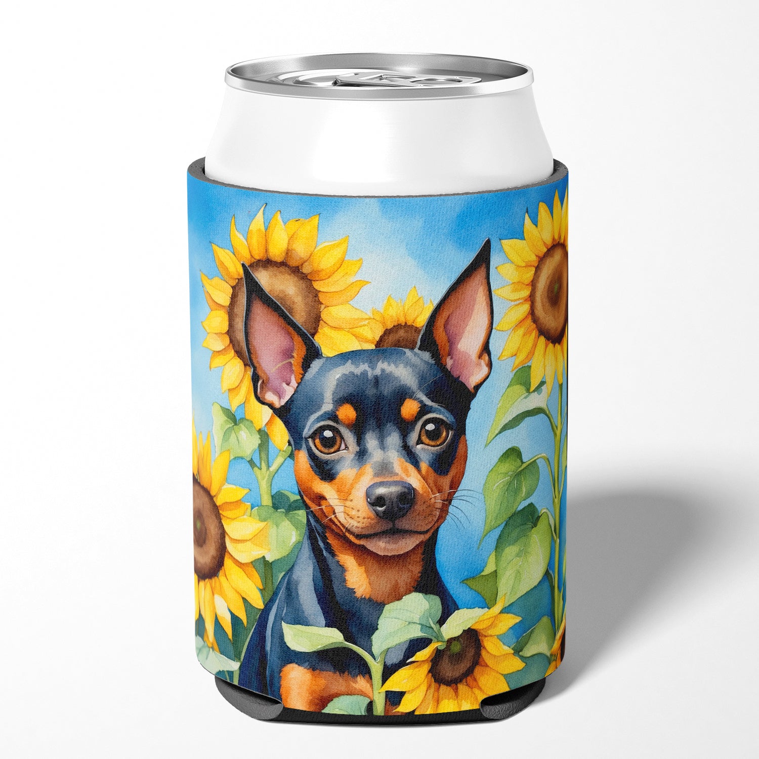 Buy this Miniature Pinscher in Sunflowers Can or Bottle Hugger
