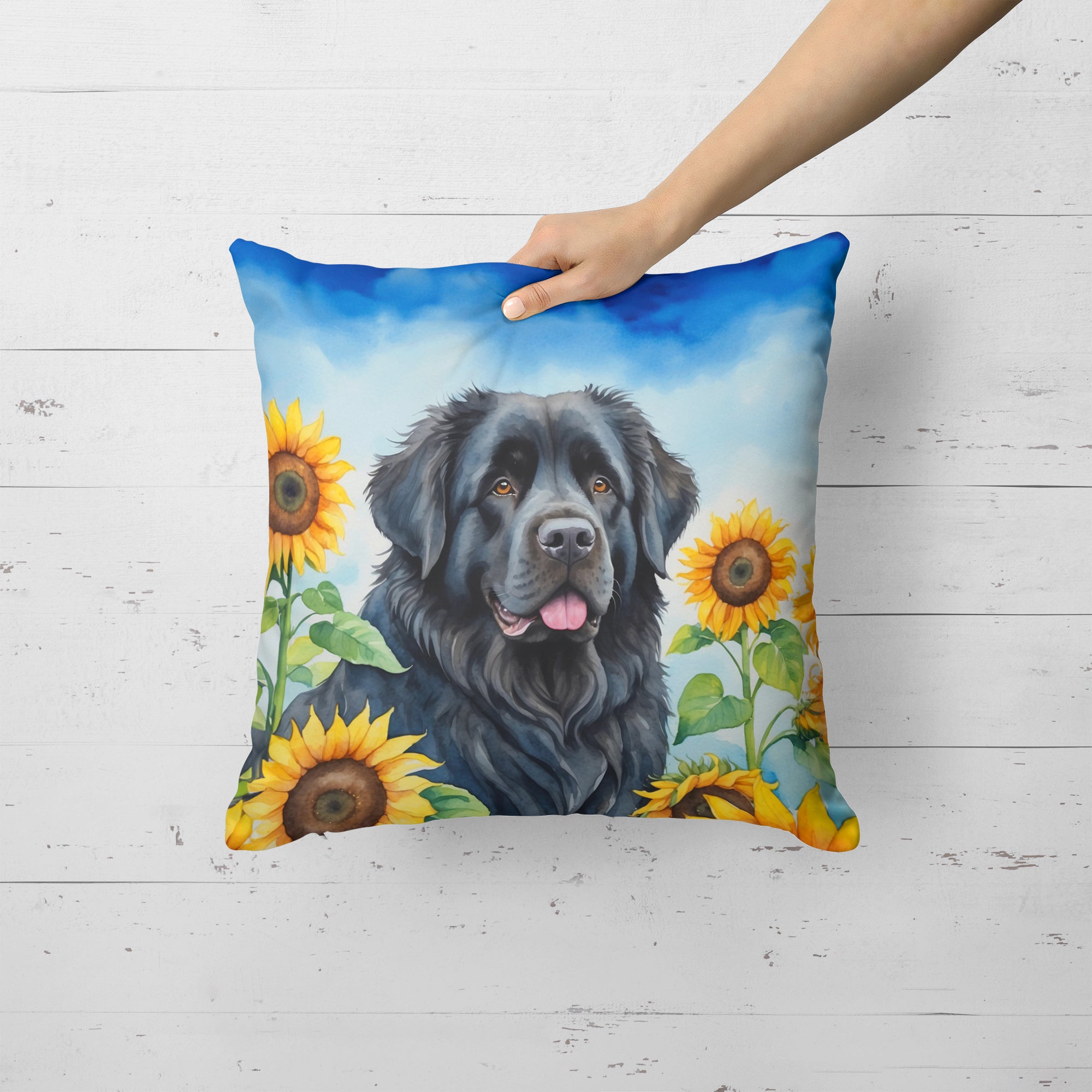 Buy this Newfoundland in Sunflowers Throw Pillow